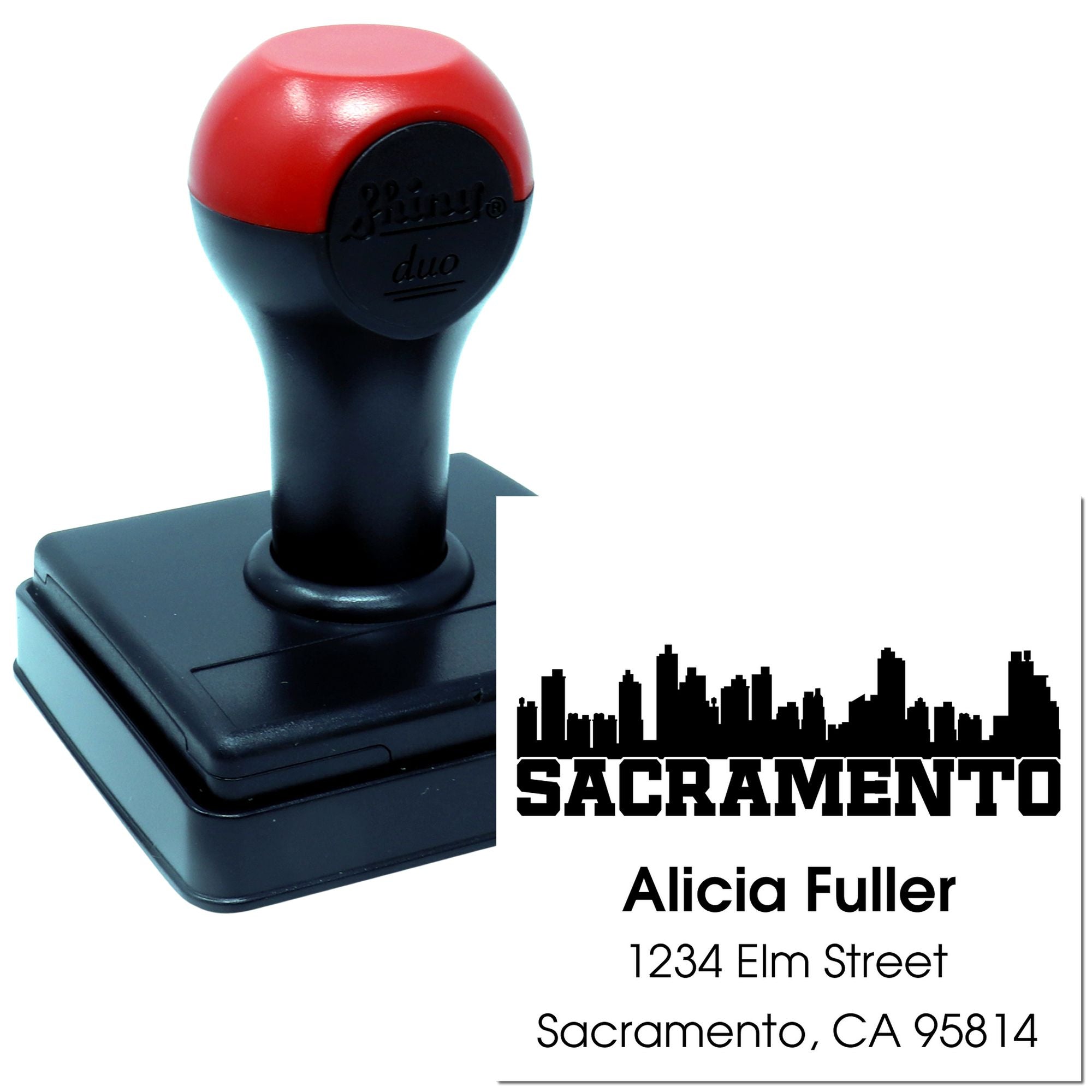 Custom self-inking address rubber stamp with Sacramento skyline for Alicia Fuller, 1234 Elm Street, CA 95814