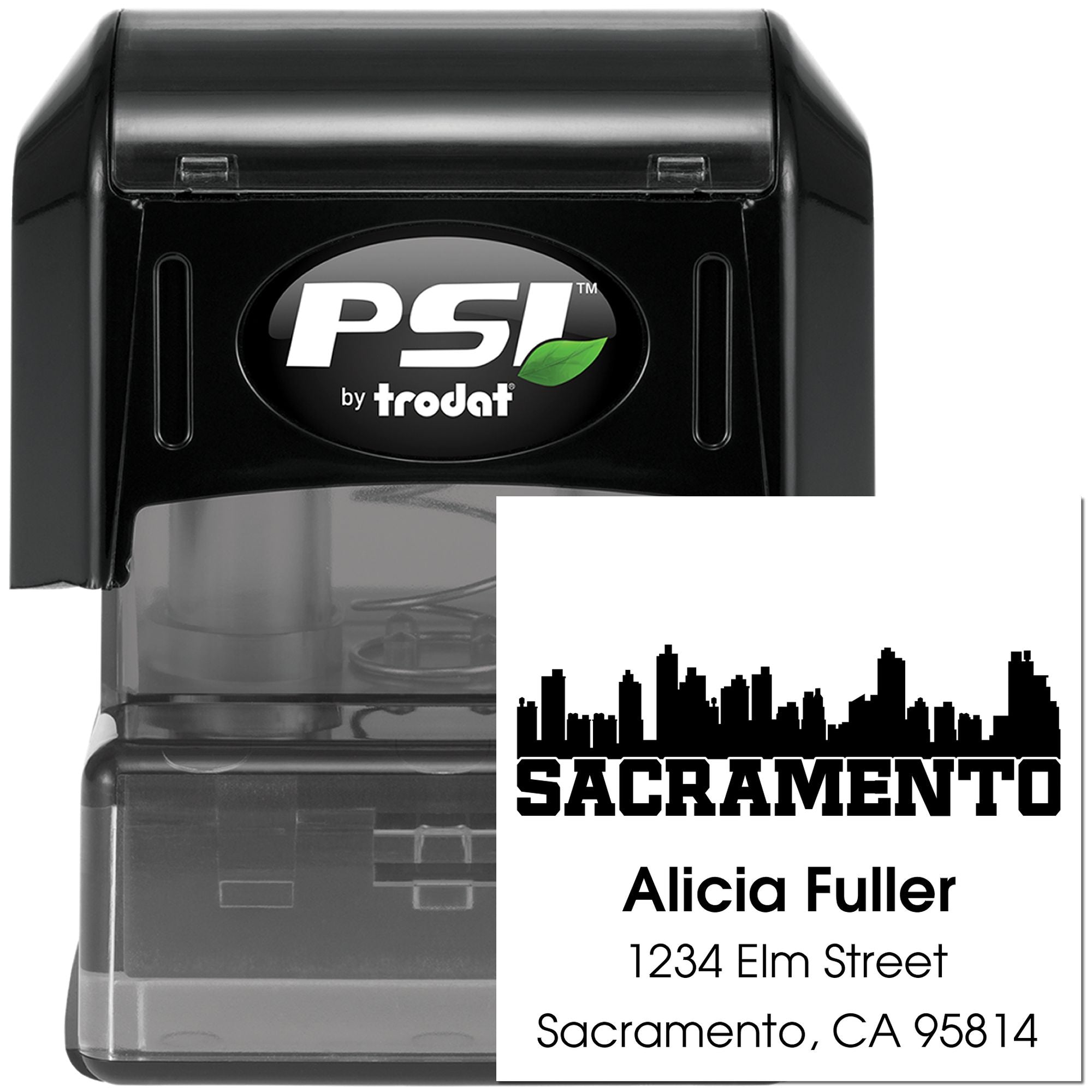Custom self-inking rubber address stamp with Sacramento skyline, name and address imprint from PSI by Trodat.