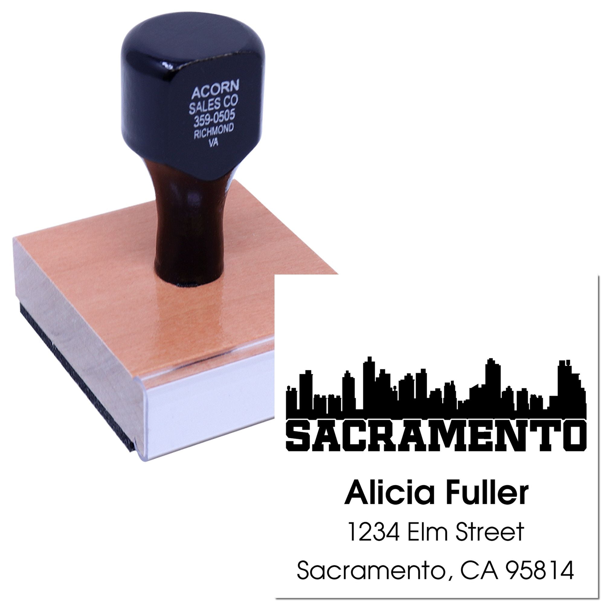 Custom rubber address stamp with Sacramento skyline design and personalized name and address, ideal for business mailings.