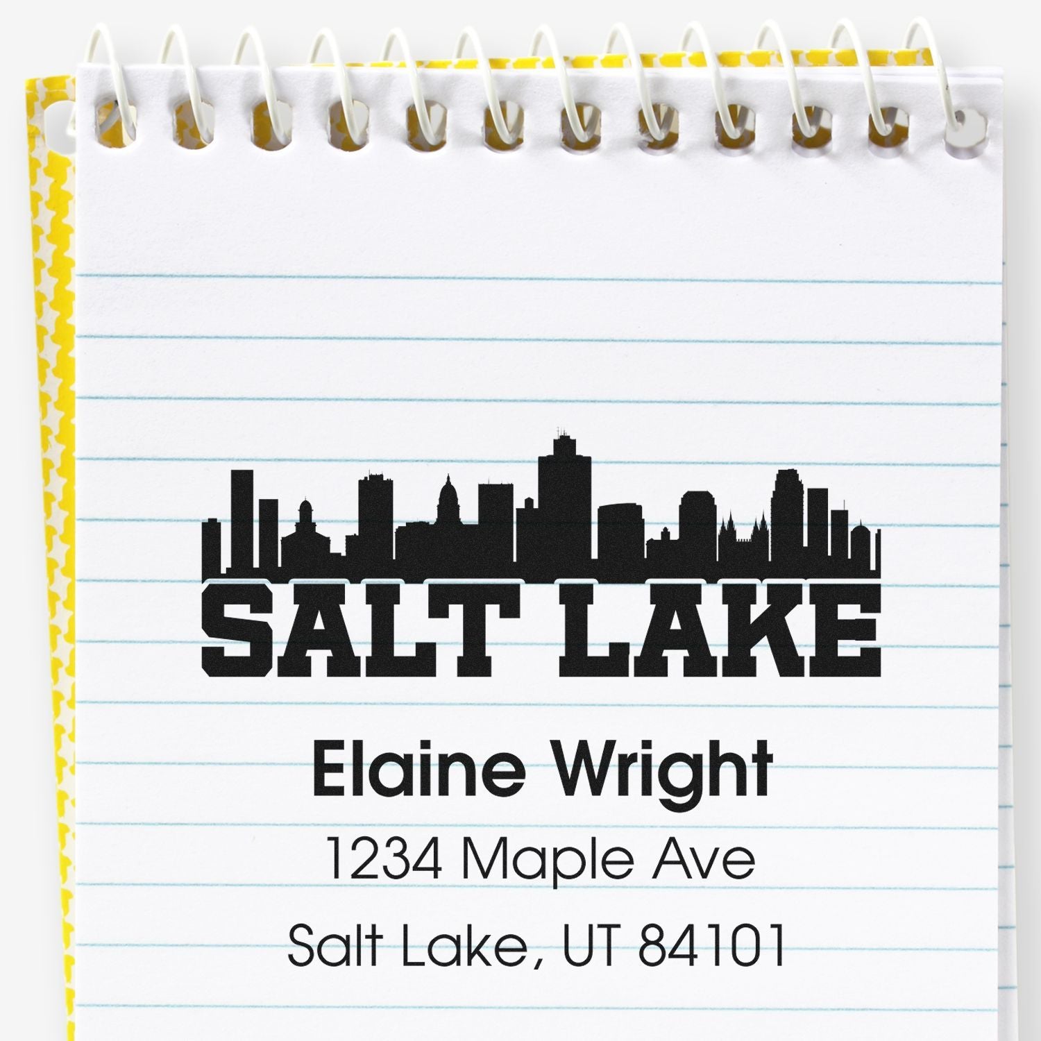 Custom Salt Lake City return address rubber stamp with skyline, Elaine Wright, 1234 Maple Ave, Salt Lake, UT 84101.