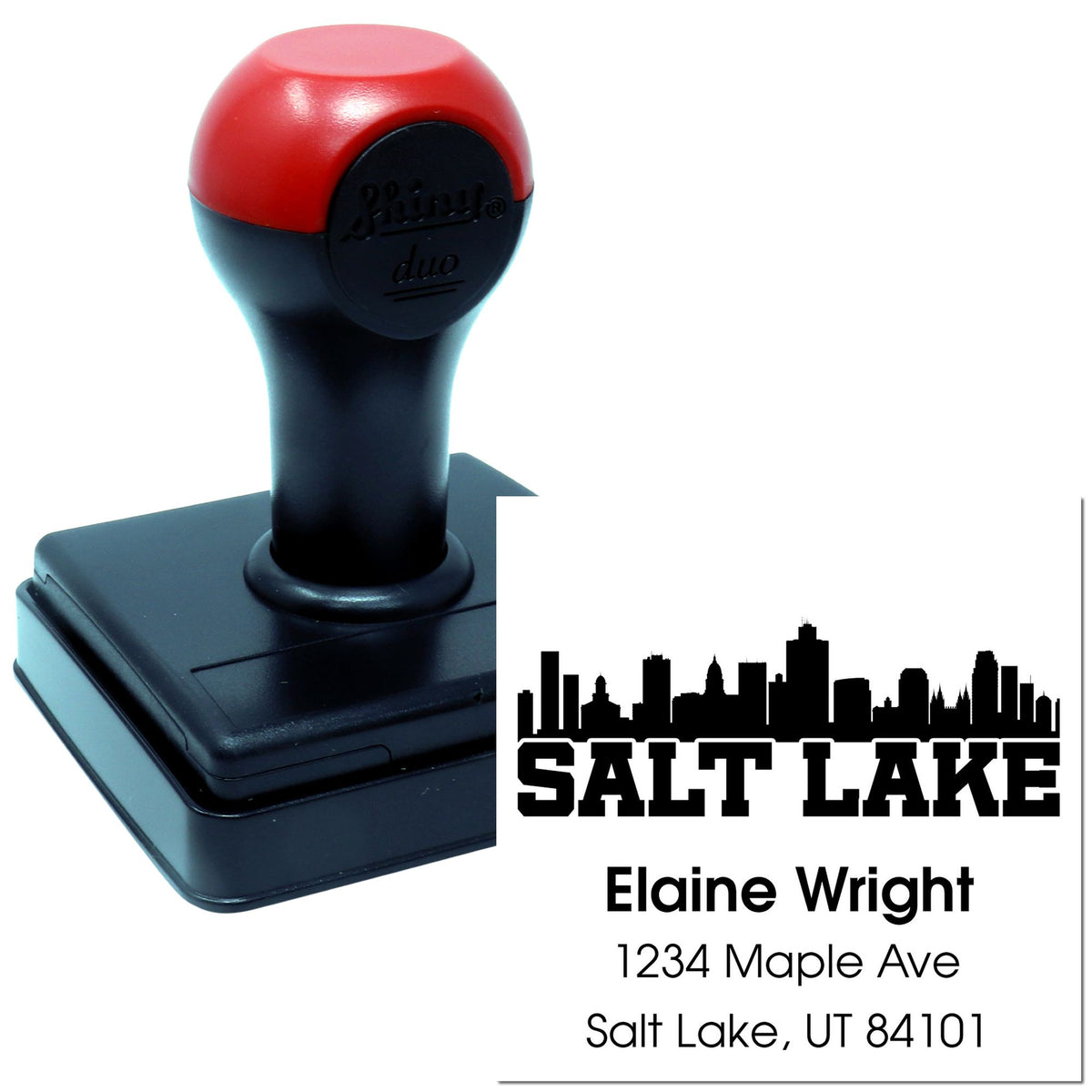 Custom self-inking Salt Lake address rubber stamp with skyline design for personalized mailing and branding.