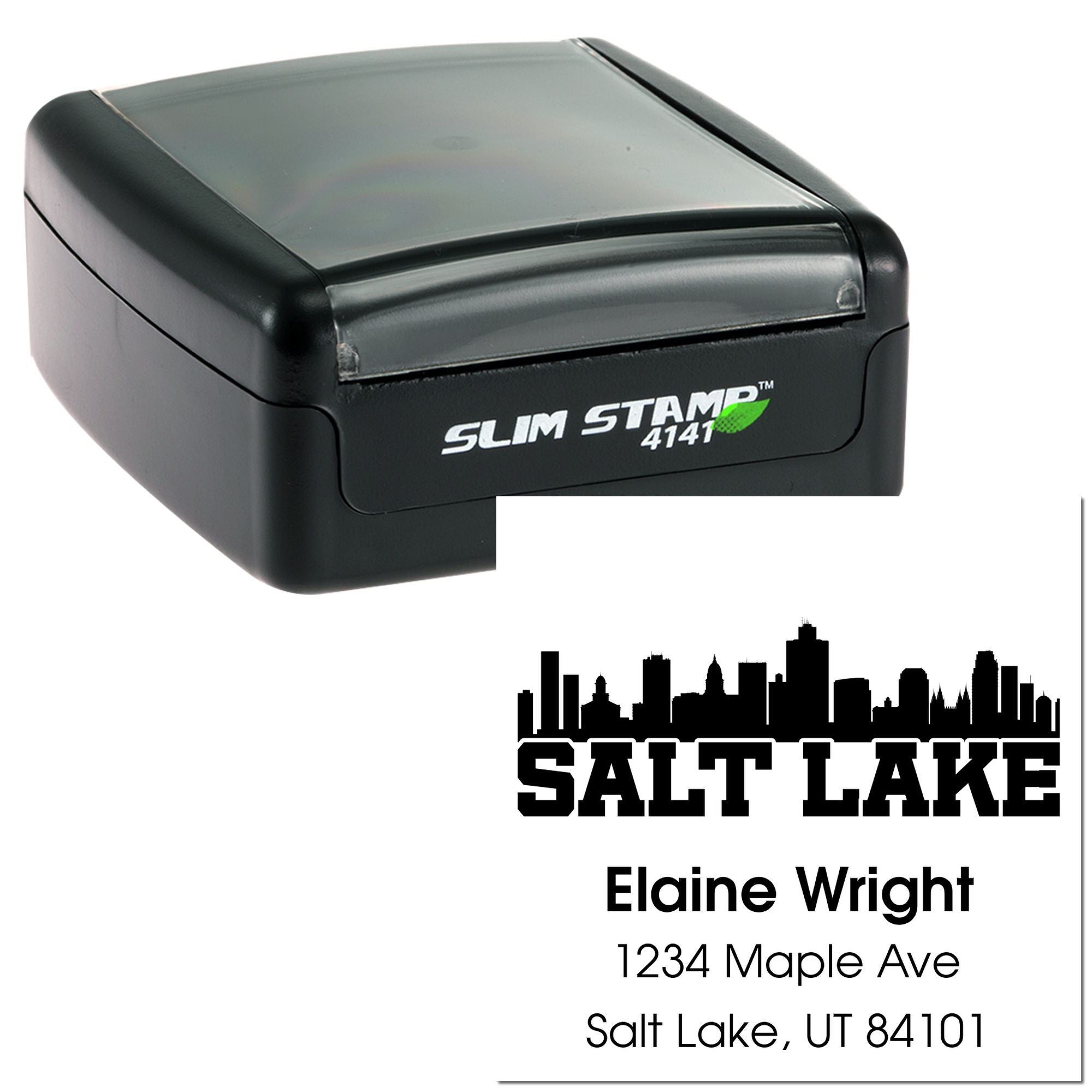 Custom self-inking rubber address stamp with Salt Lake skyline, name, and address; Slim Stamp 4141 model.