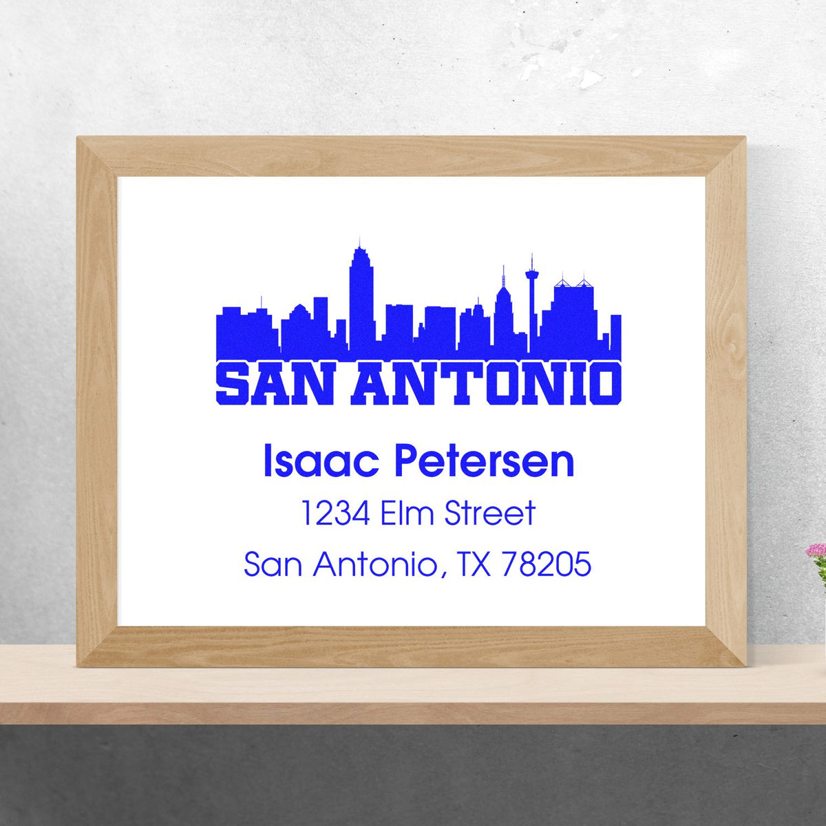 Personalized San Antonio return address rubber stamp with skyline, name, street address, and ZIP code.
