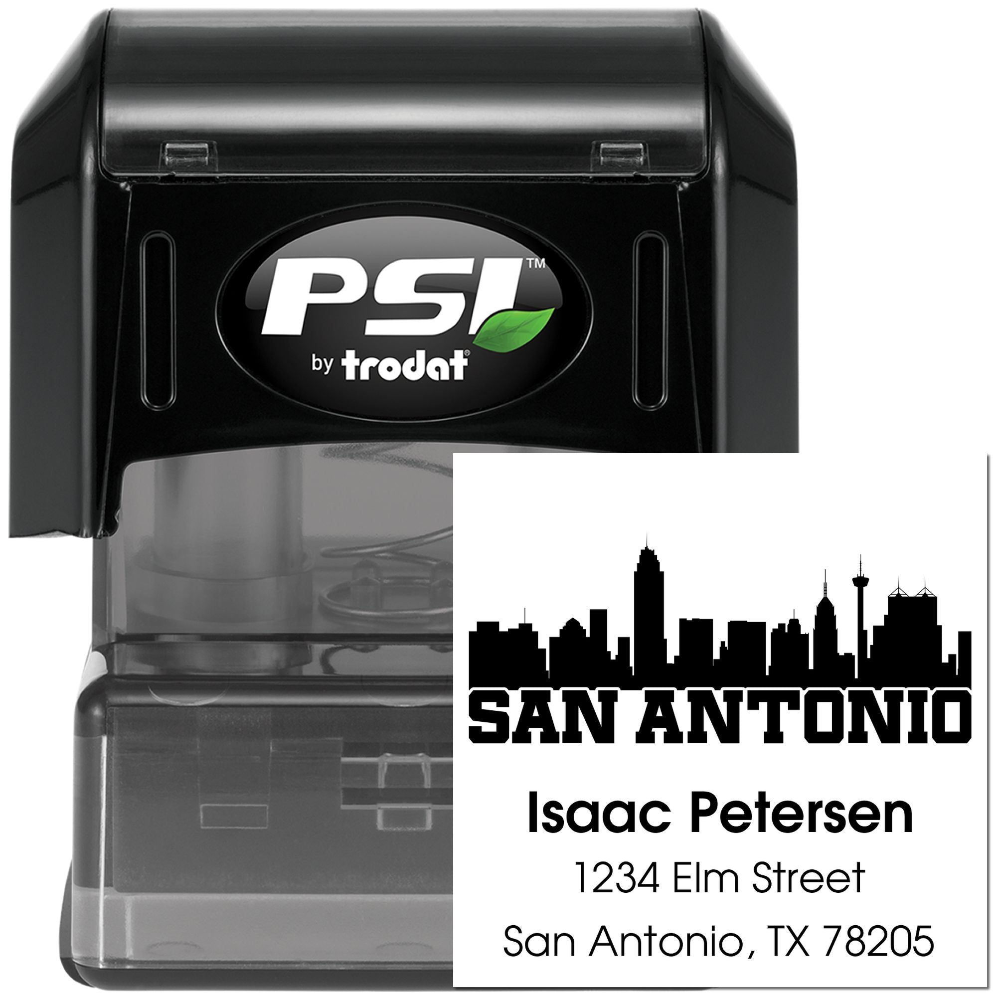 Personalized self-inking return address rubber stamp with San Antonio skyline, PSI by Trodat.