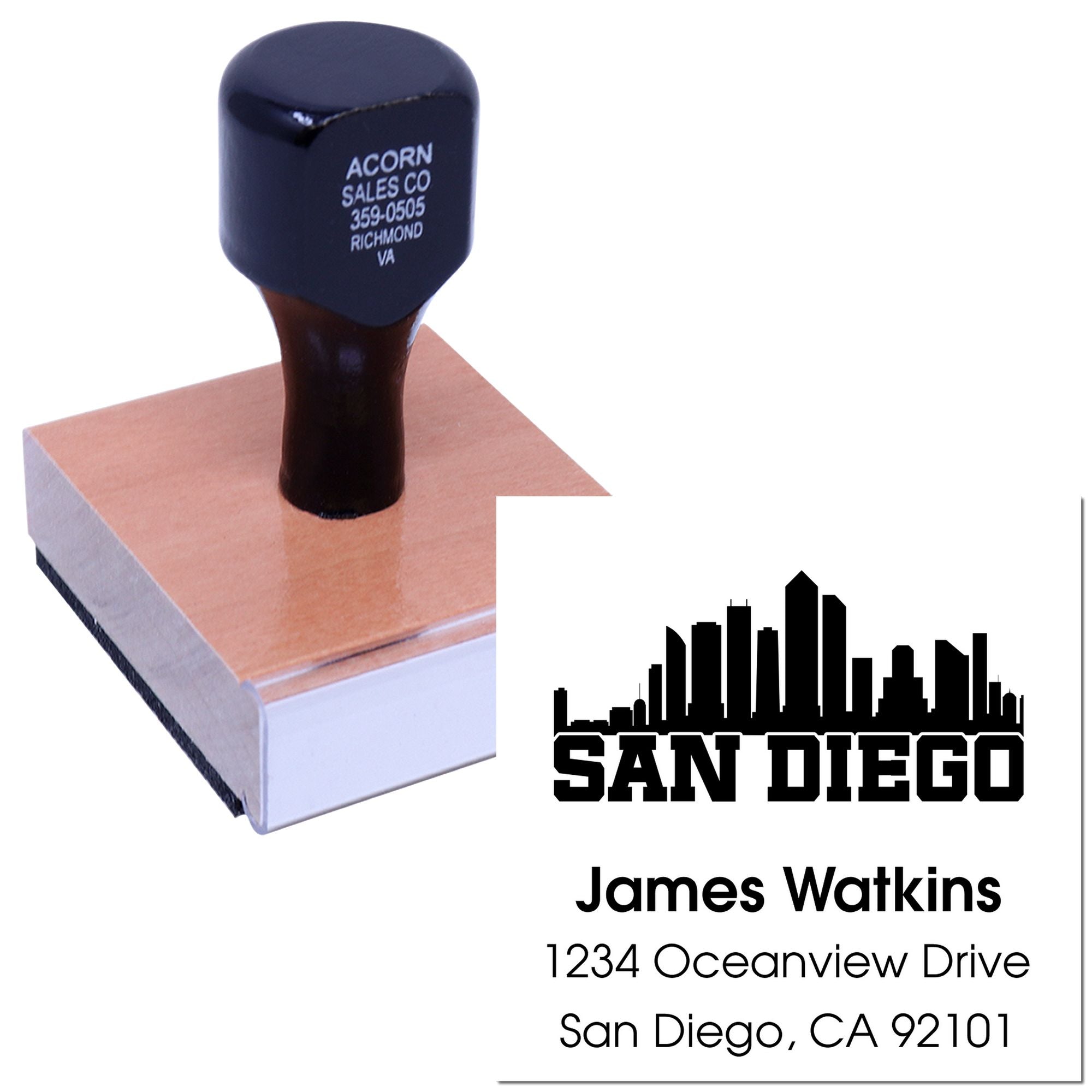 Custom rubber address stamp with San Diego skyline and return address for James Watkins, CA 92101