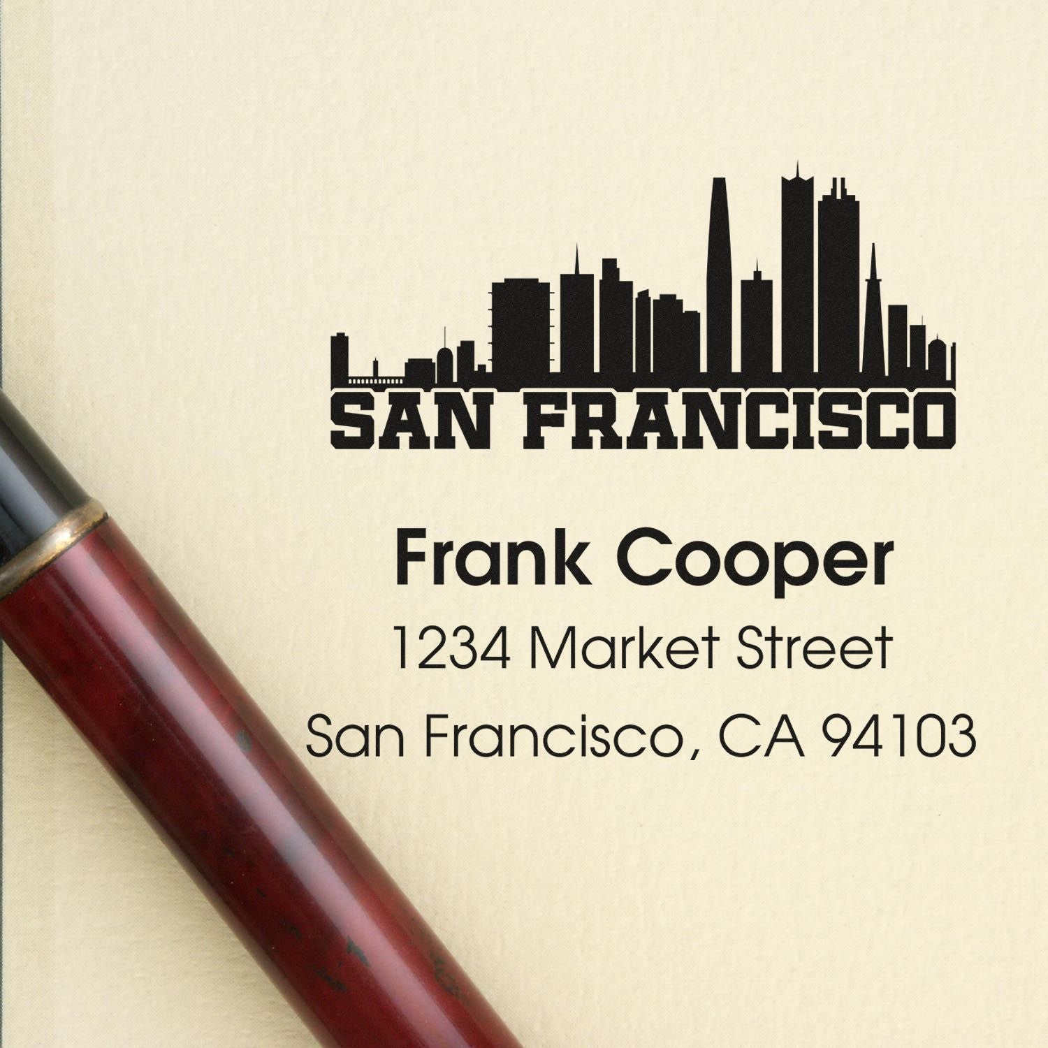 Custom San Francisco return address rubber stamp with skyline, Frank Cooper, and Market Street address.