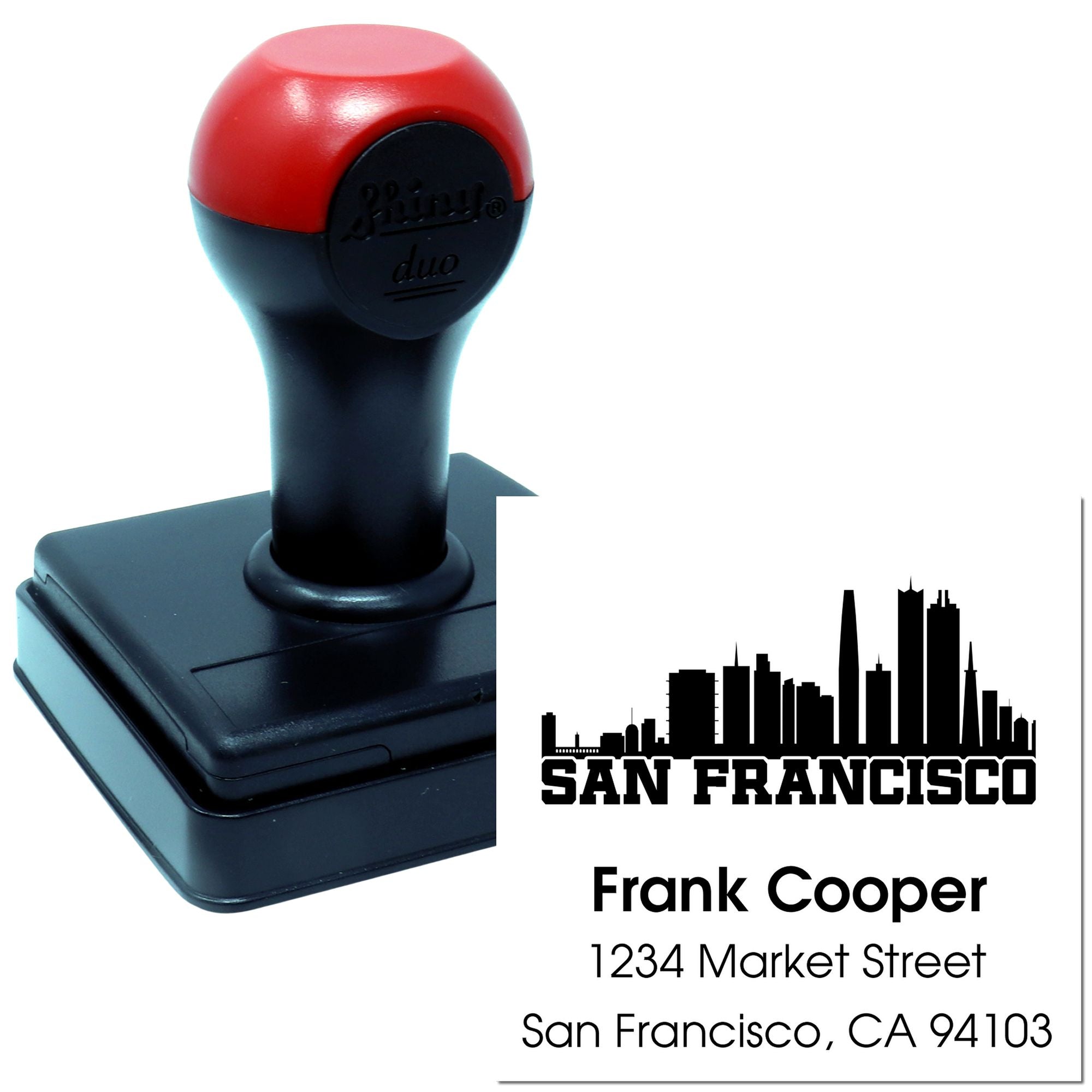 Personalized San Francisco address rubber stamp with skyline, name, and mailing address.