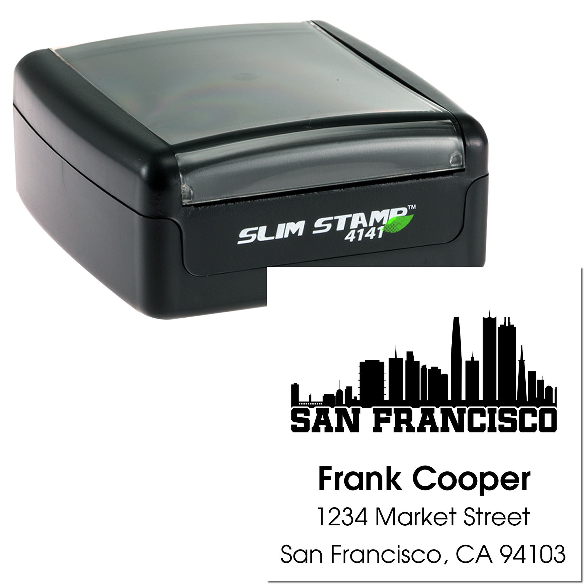 Self-inking rubber stamp with custom San Francisco skyline address design for personalized business or return address use.