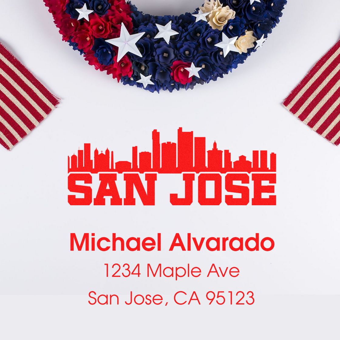 Custom San Jose return address rubber stamp with city skyline, Michael Alvarado, 1234 Maple Ave, San Jose, CA 95123