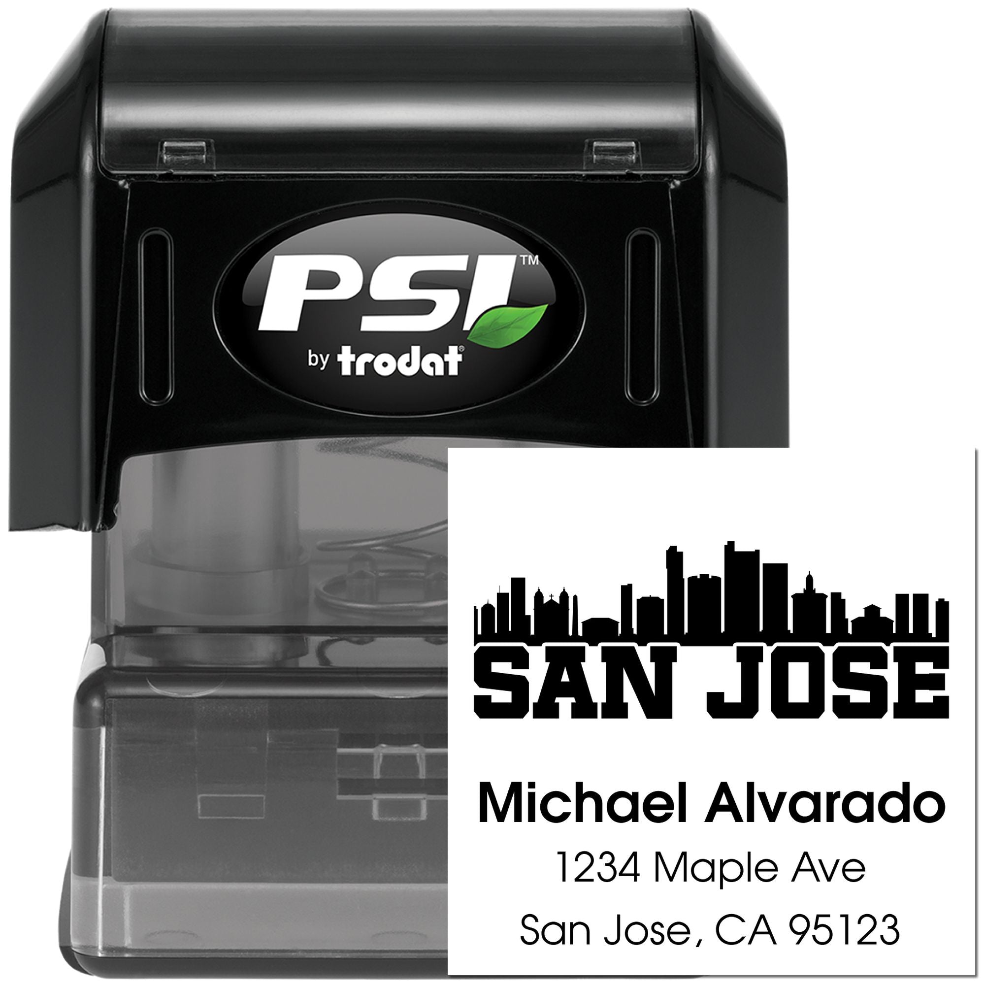 Custom self-inking rubber stamp with San Jose skyline and return address for Michael Alvarado by PSI Trodat