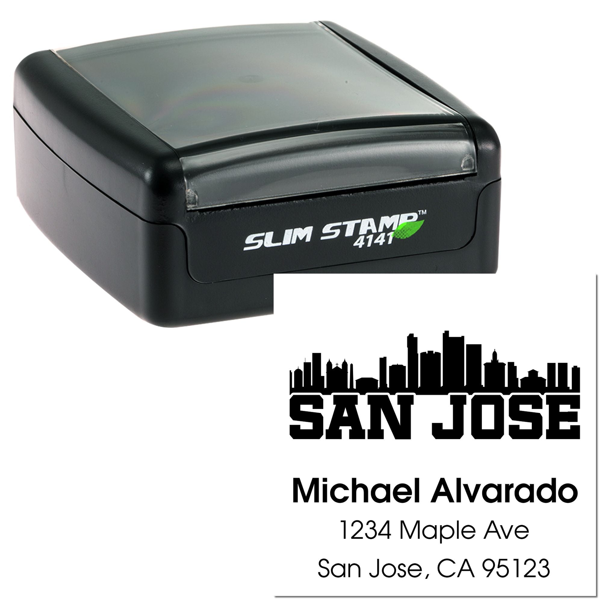 Slim self-inking rubber stamp with custom San Jose return address imprint for Michael Alvarado