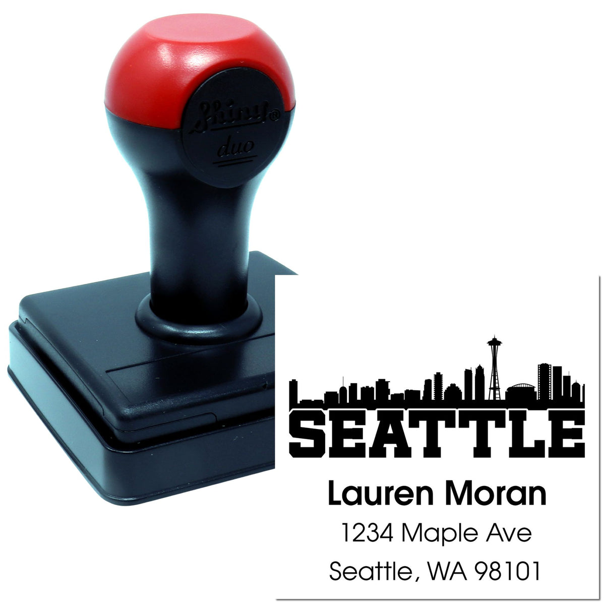 Custom Seattle self-inking rubber stamp for return addresses with name, street address, and skyline design imprint