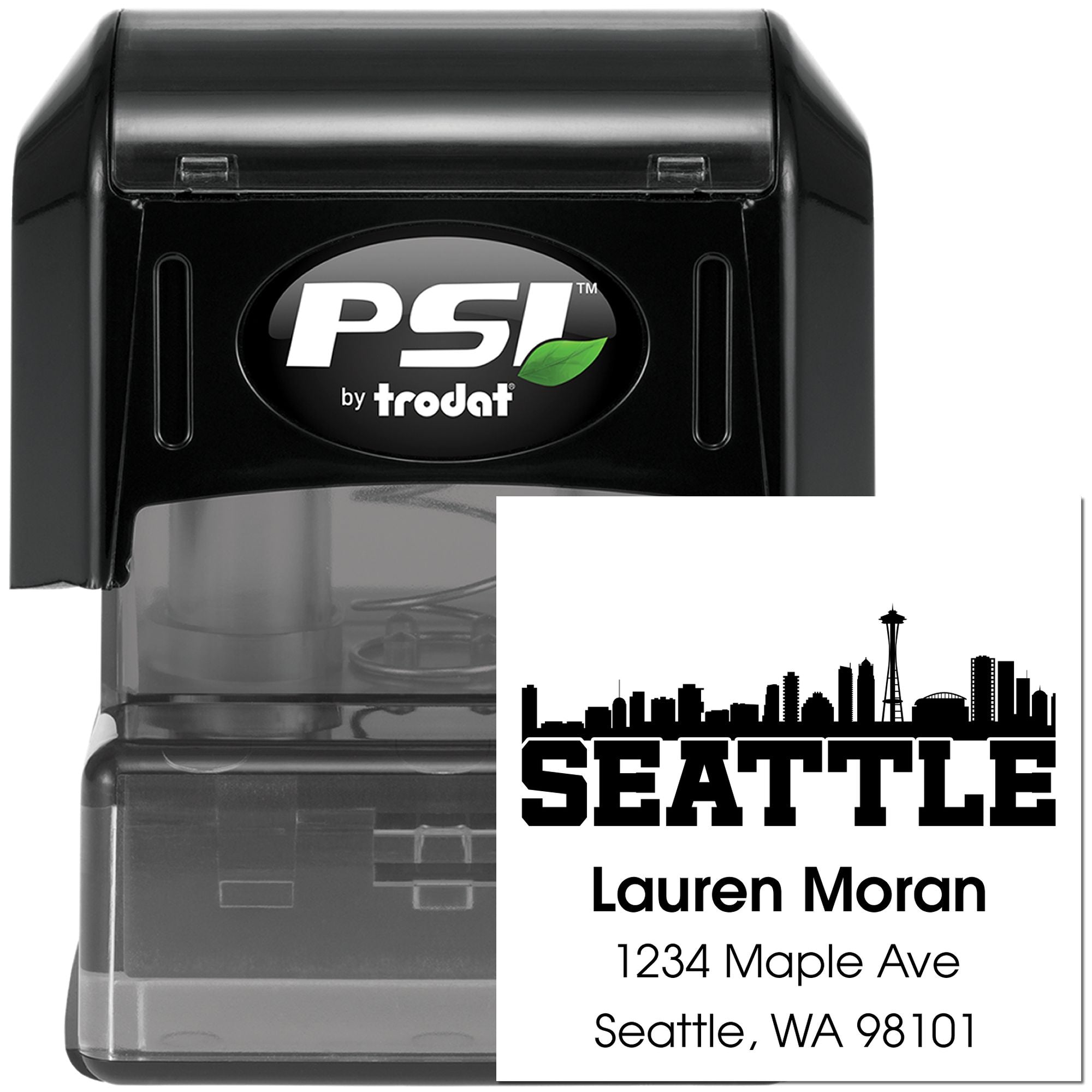 Custom Seattle return address self-inking rubber stamp with skyline design for personalized envelopes.