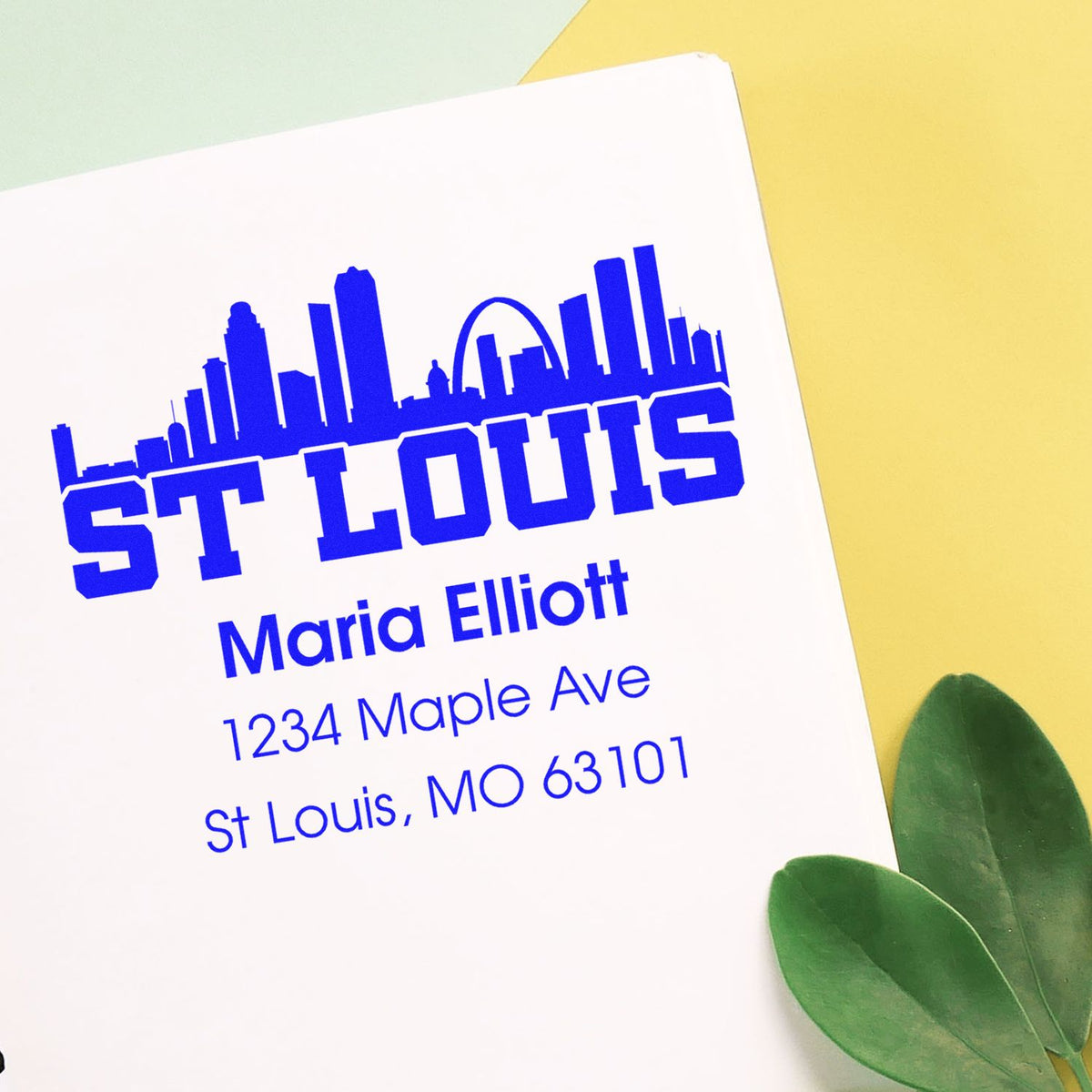 Custom rubber address stamp with St. Louis skyline, Maria Elliott, 1234 Maple Ave, St. Louis, MO 63101