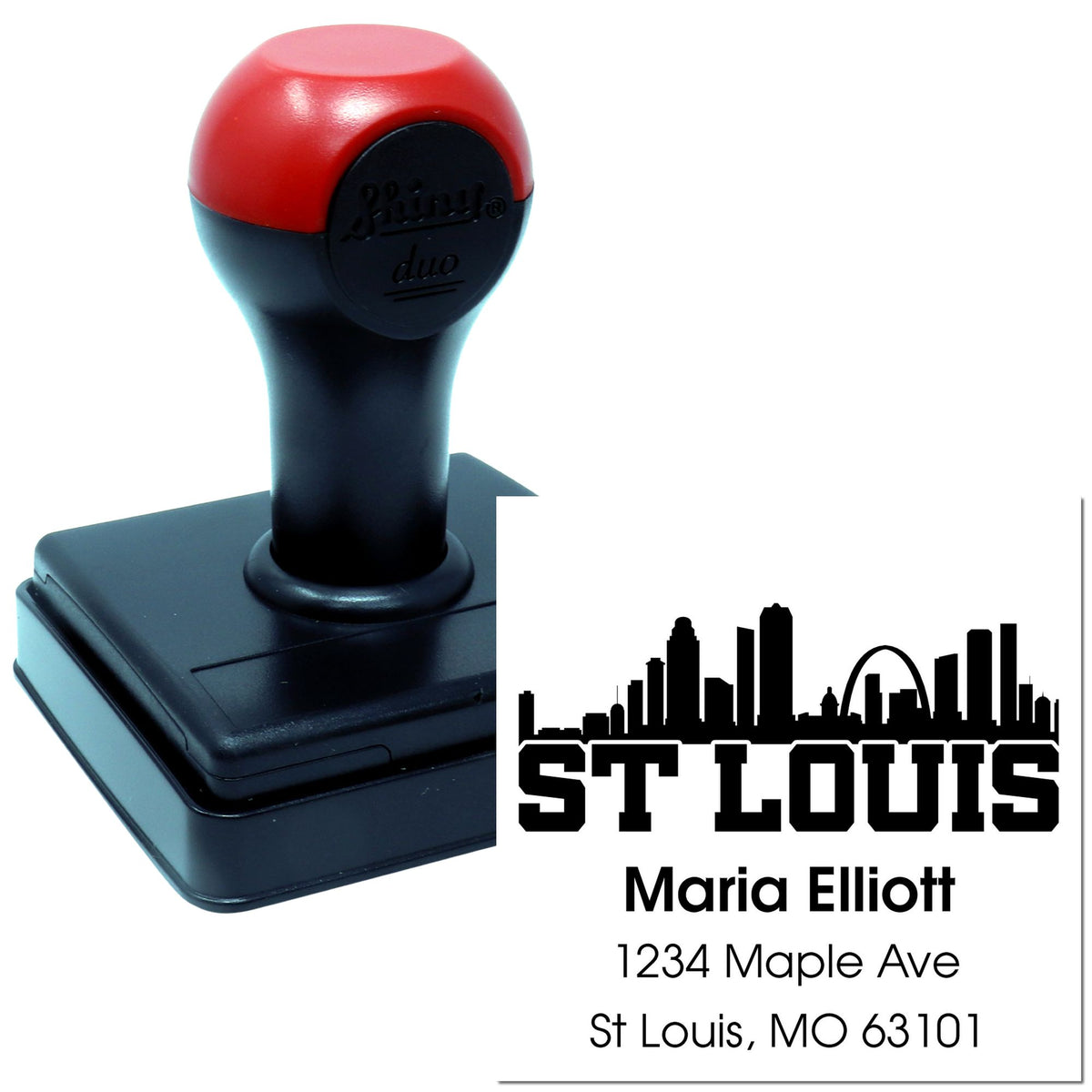 Custom self-inking rubber address stamp for St. Louis, MO with skyline, name, and return address for envelopes.