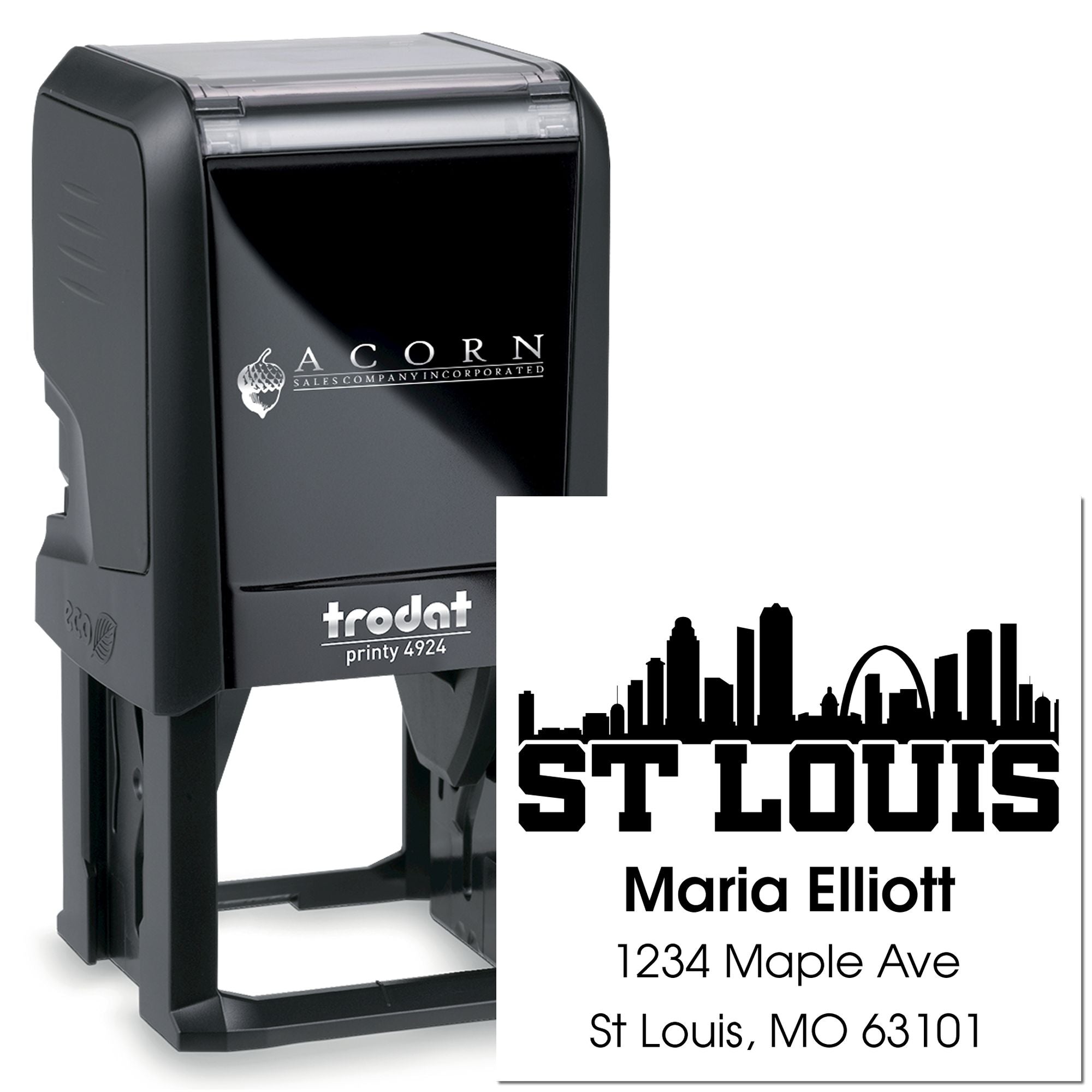 Custom self-inking rubber address stamp with St. Louis skyline, Maria Elliott return address, Trodat Printy 4924.