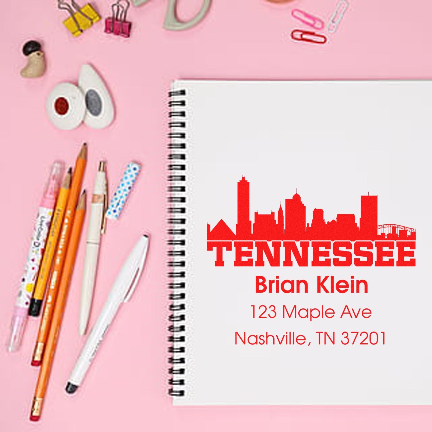Personalized Tennessee address rubber stamp with Nashville skyline for envelopes, stationery, and gift packaging.