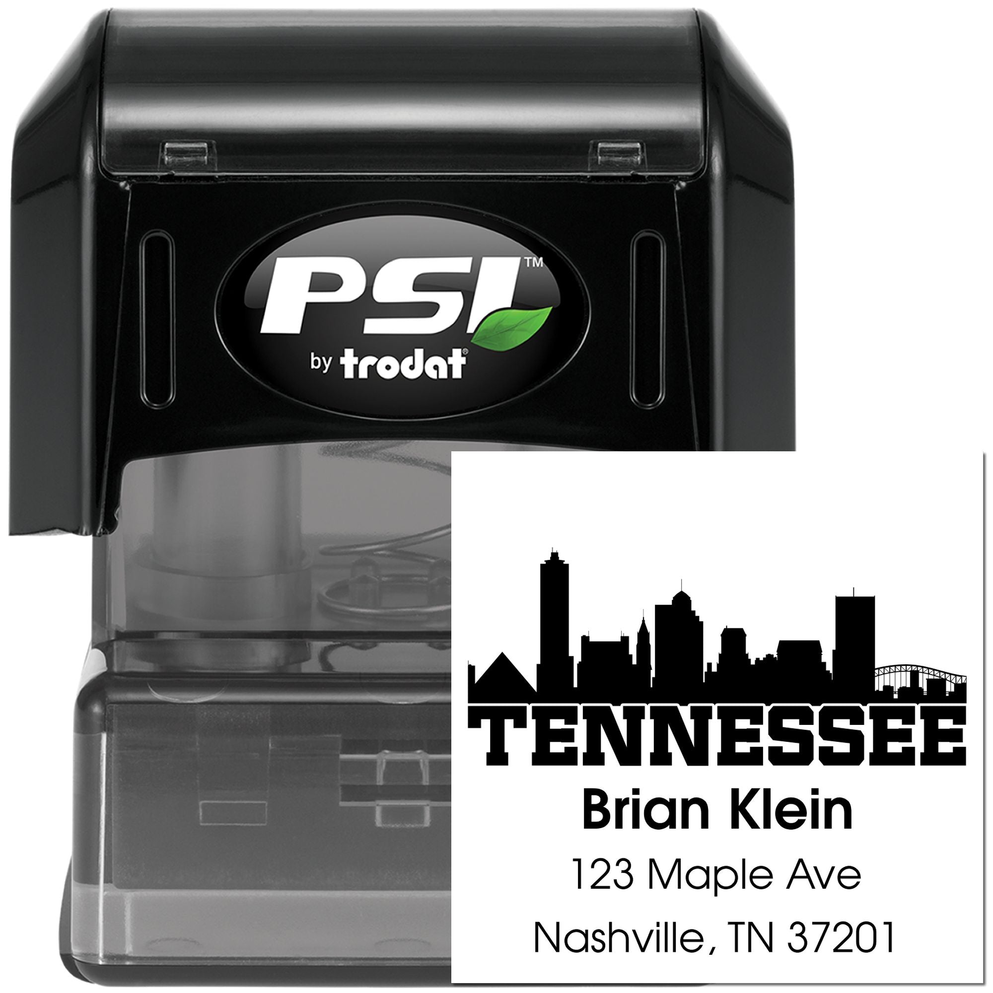 Custom self-inking rubber stamp with Tennessee skyline return address for Brian Klein, Nashville, TN by PSI by Trodat.
