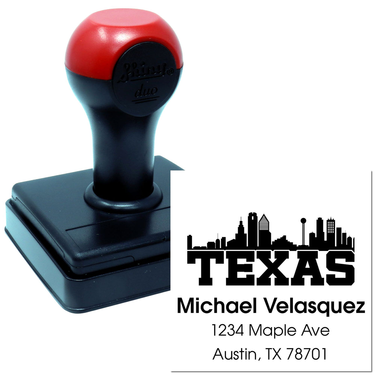 Custom self-inking Texas return address rubber stamp with skyline design for Michael Velasquez, Austin, TX