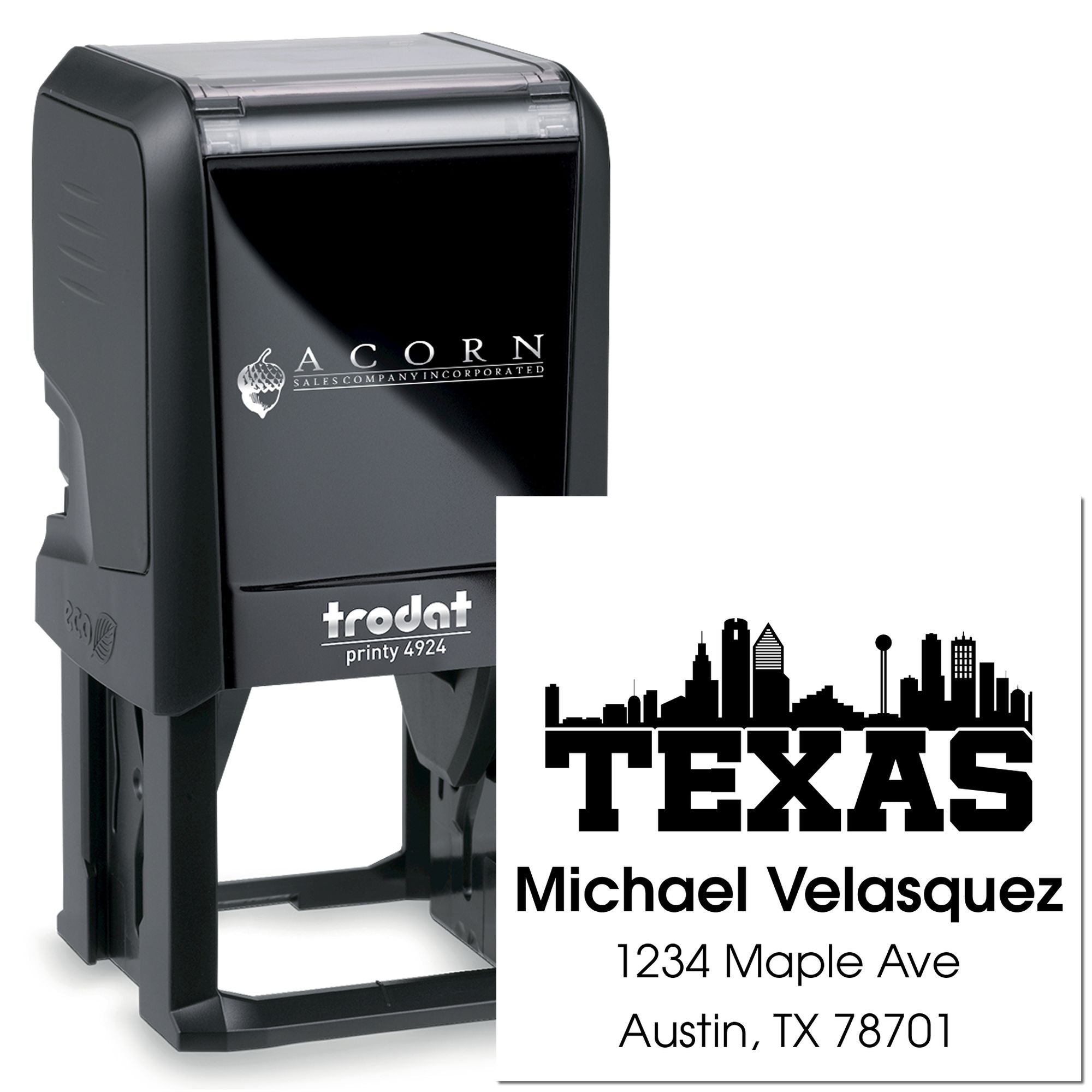 Custom self-inking rubber stamp with Texas skyline design for business name and address imprint.