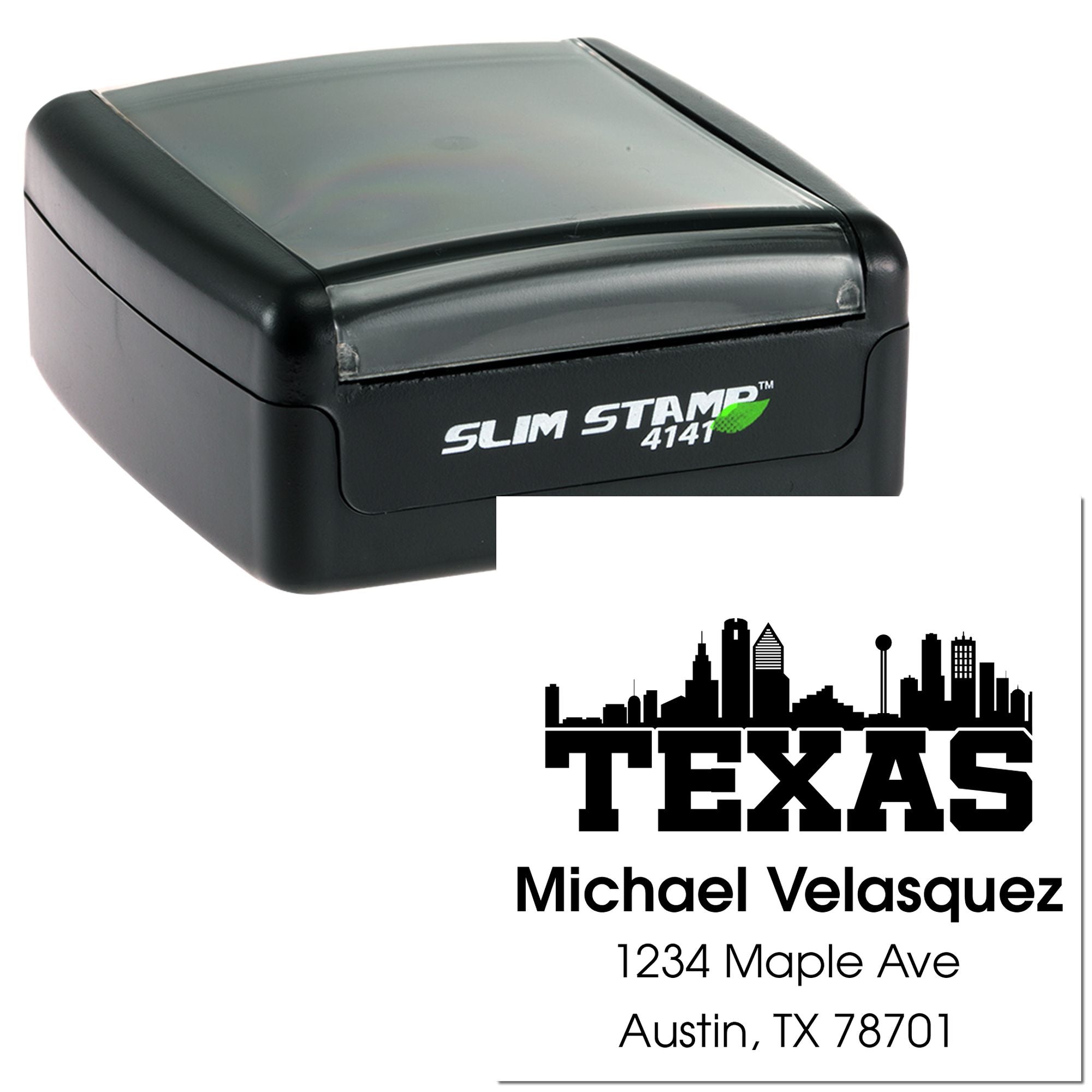 Custom self-inking rubber stamp, Slim Stamp 4141, with Texas return address design for Michael Velasquez in Austin, TX.