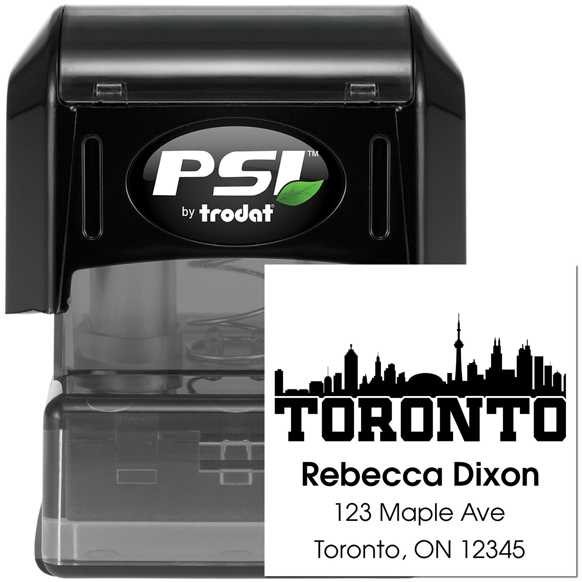 Custom self-inking rubber address stamp with Toronto skyline design and return address by PSI by Trodat