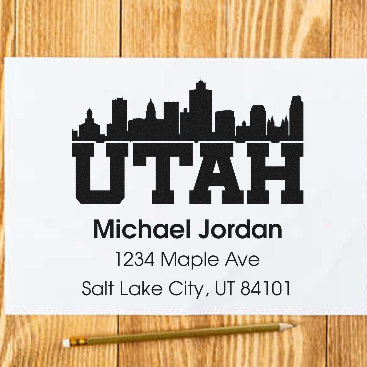 Custom Utah return address rubber stamp with skyline design, personalized name, and Salt Lake City, UT 84101.