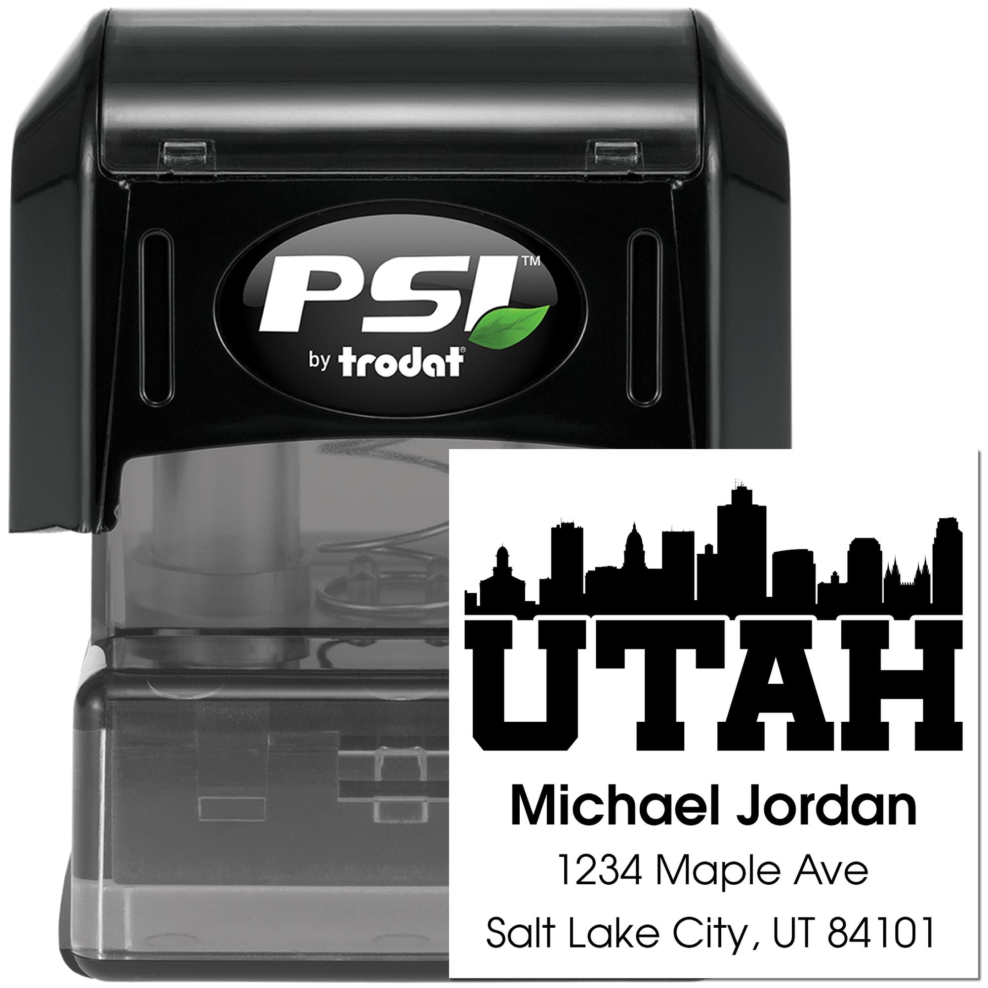 Custom Utah skyline address rubber stamp, self-inking PSI by Trodat, with personalized name and Salt Lake City address.