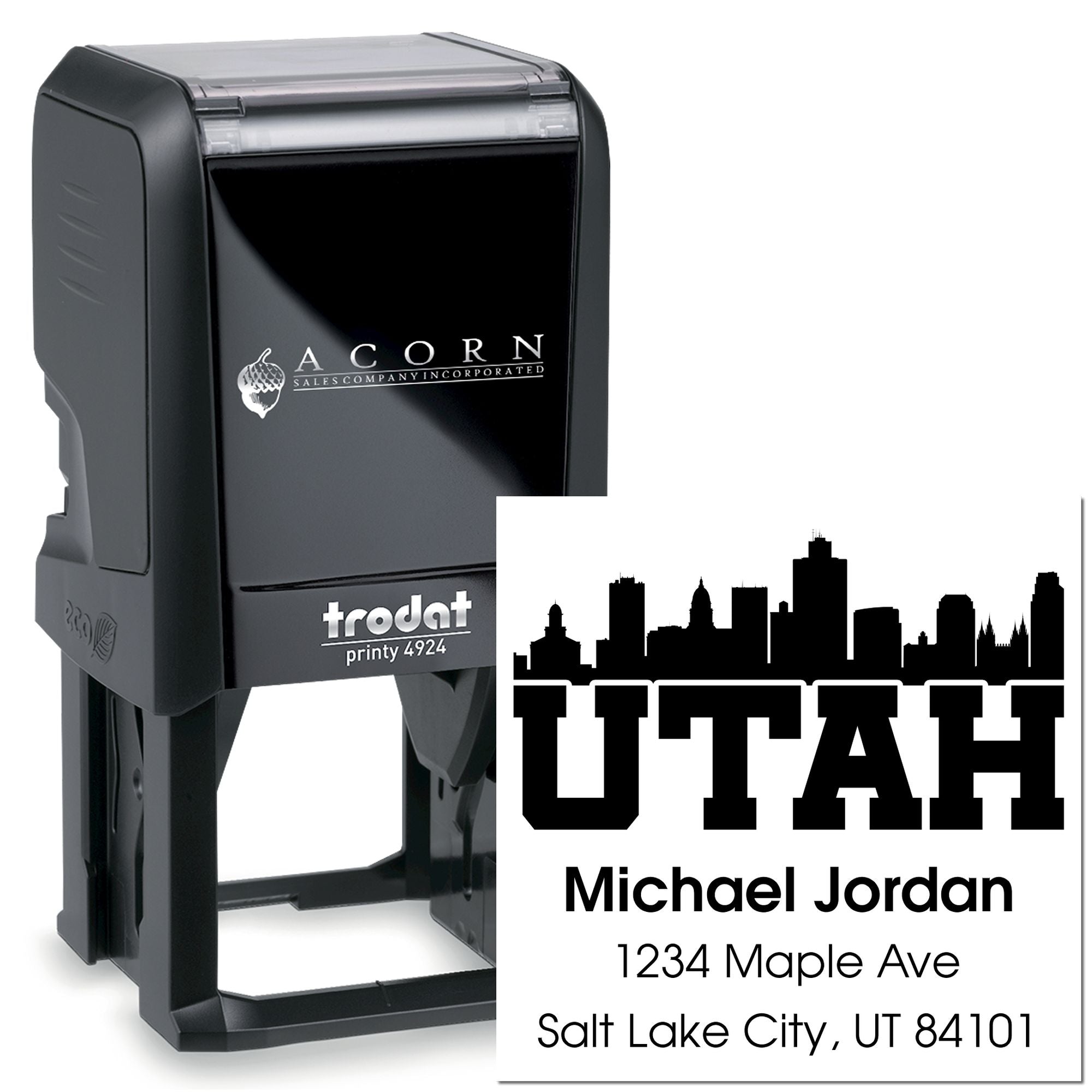 Custom self-inking rubber stamp with Utah skyline design, personalized name, and address for mail and business use.