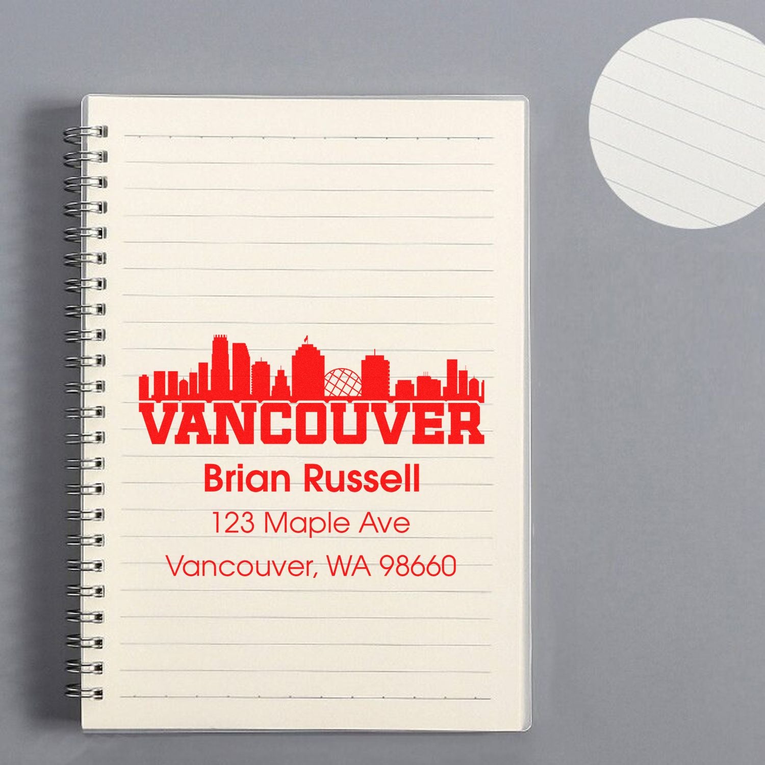 Custom Vancouver return address rubber stamp with skyline, Brian Russell, 123 Maple Ave, Vancouver, WA 98660.
