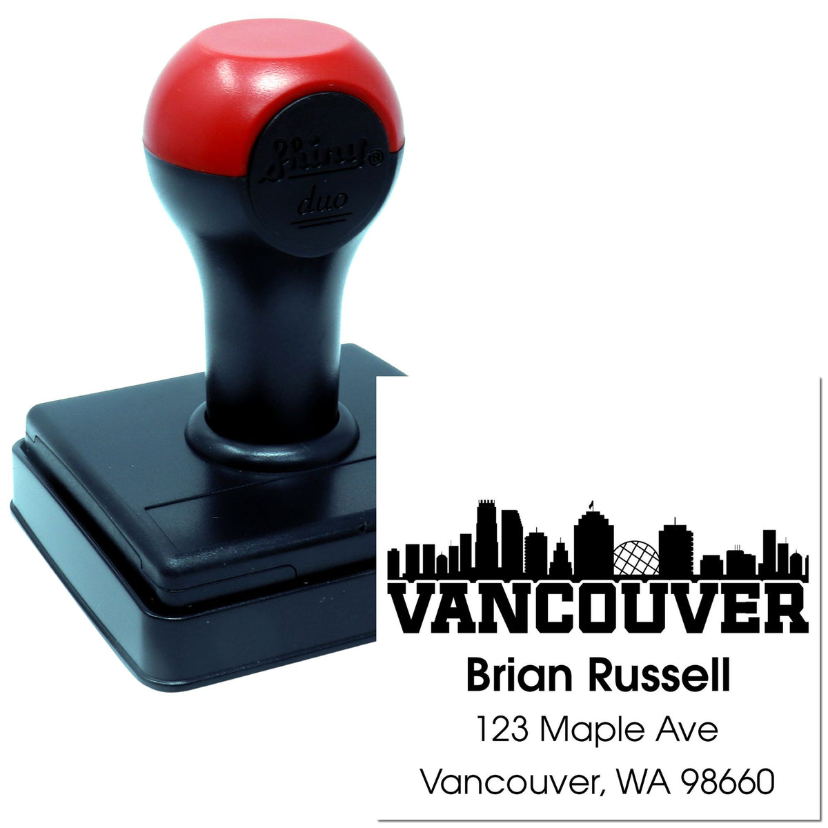 Custom self-inking rubber address stamp with Vancouver logo, Brian Russell, and 123 Maple Ave, Vancouver, WA 98660
