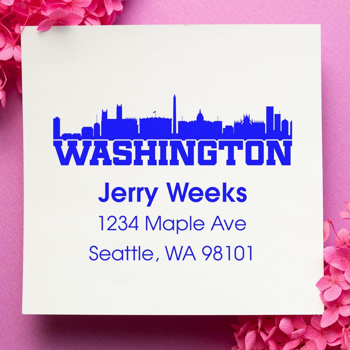Personalized Washington skyline return address rubber stamp for Jerry Weeks, Seattle, WA 98101