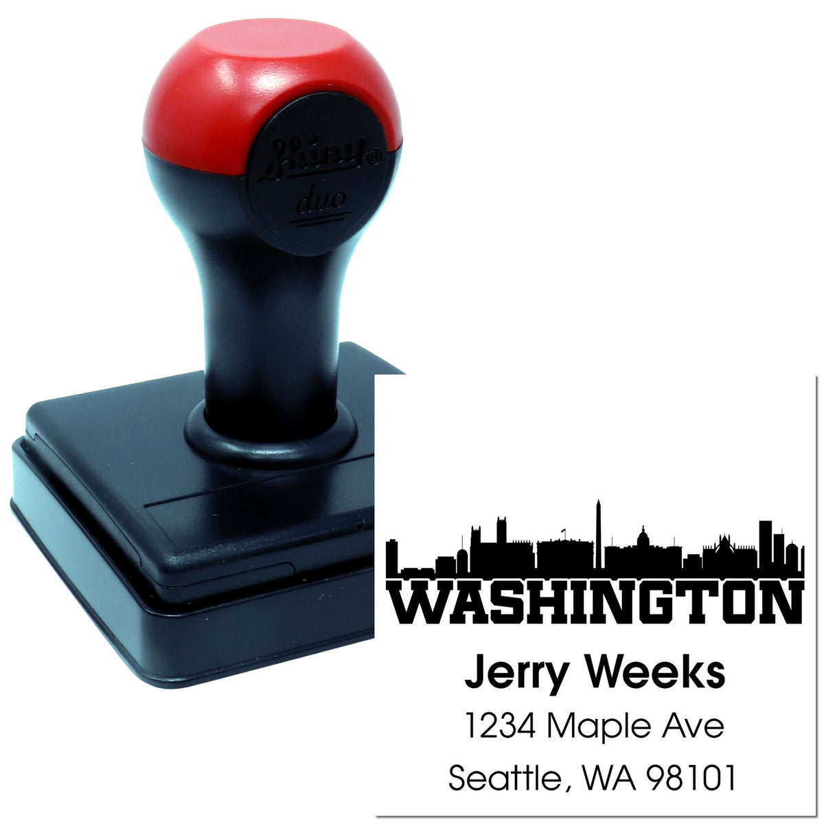 Custom self-inking rubber stamp with Washington skyline return address for personalized Seattle, WA mailings.