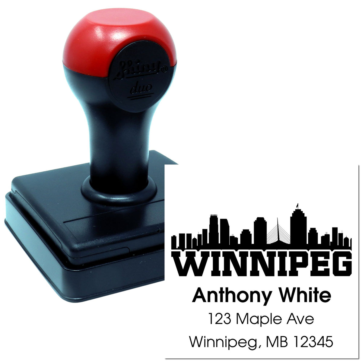Custom Winnipeg address rubber stamp with skyline design, personalized for Anthony White, 123 Maple Ave, Winnipeg, MB 12345.