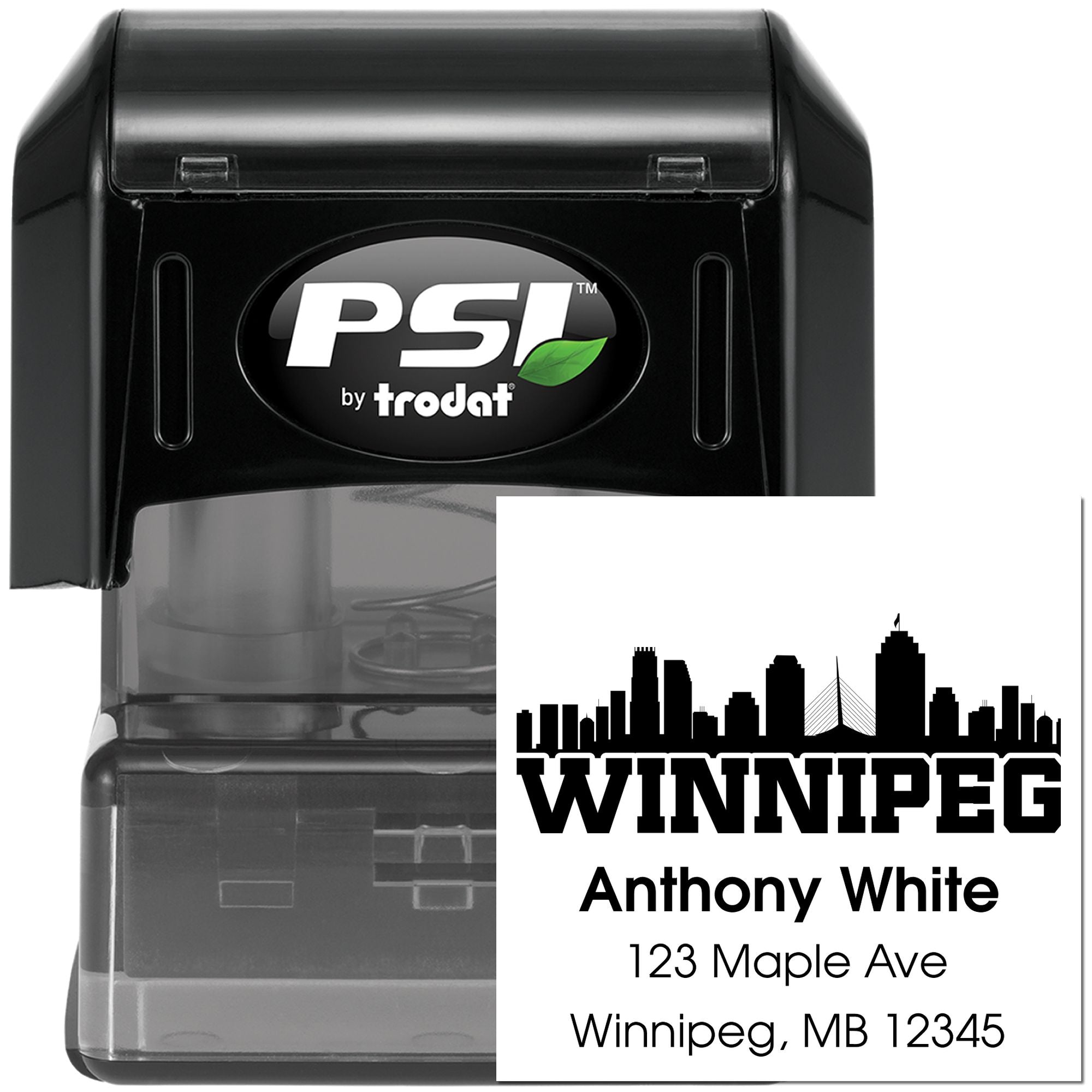 Custom self-inking rubber address stamp with Winnipeg skyline design, Anthony White name, and Winnipeg, MB address
