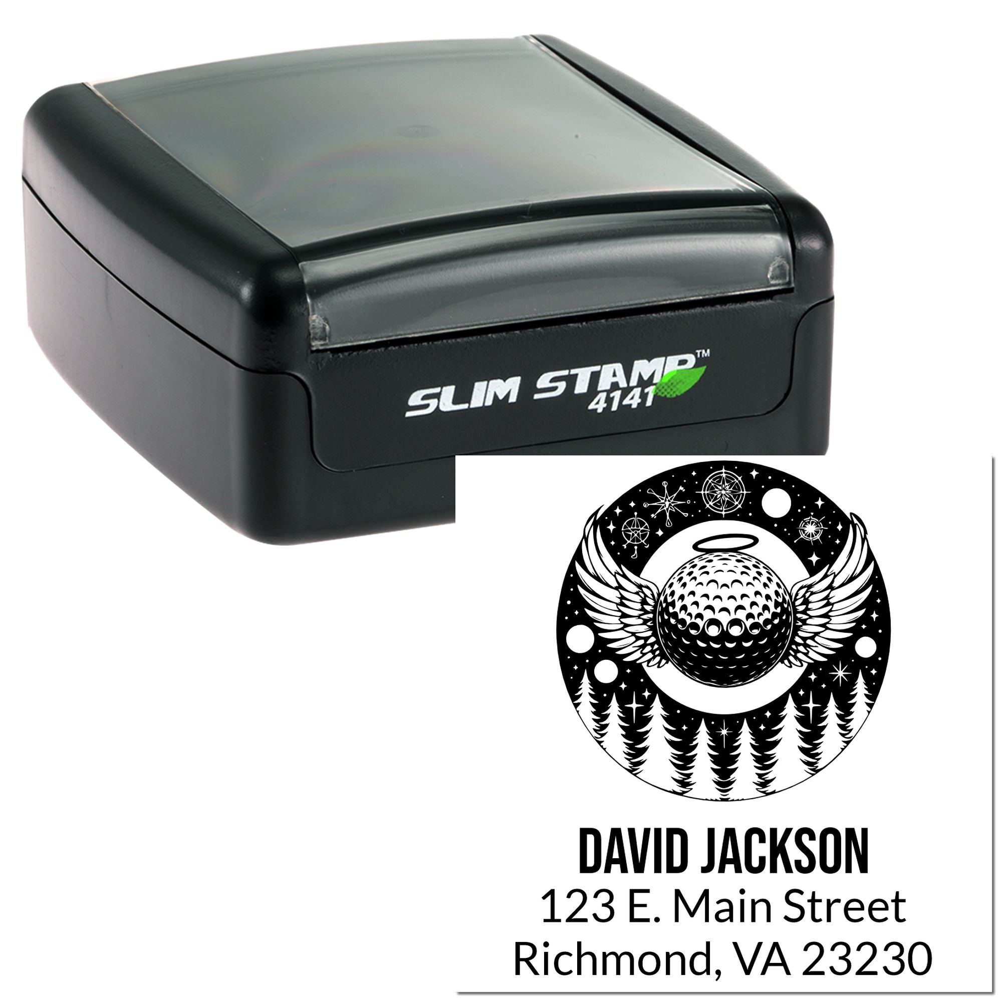 Custom self-inking rubber stamp with golf-themed return address design and personalized name and address imprint.
