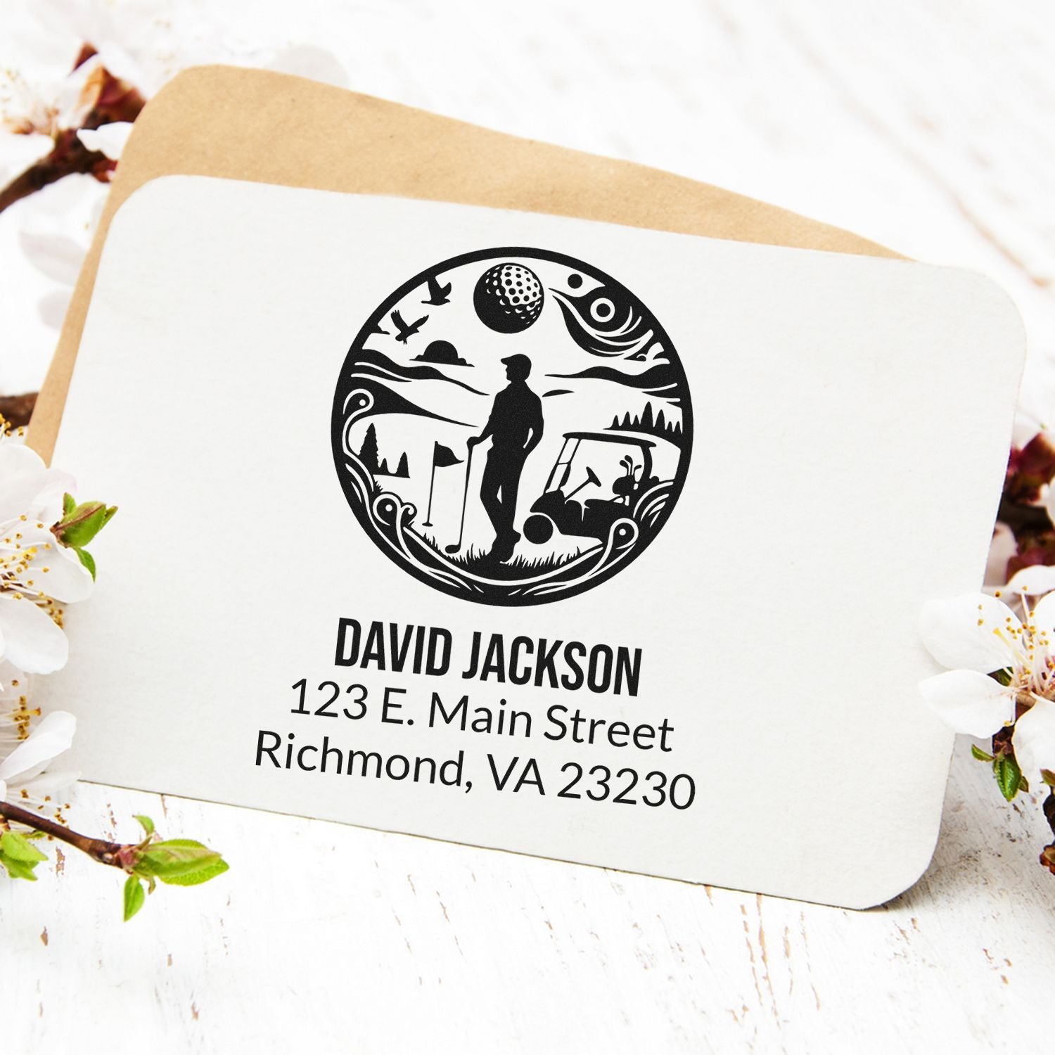 Personalized golf return address rubber stamp with name and address for custom wedding invitations and envelopes.