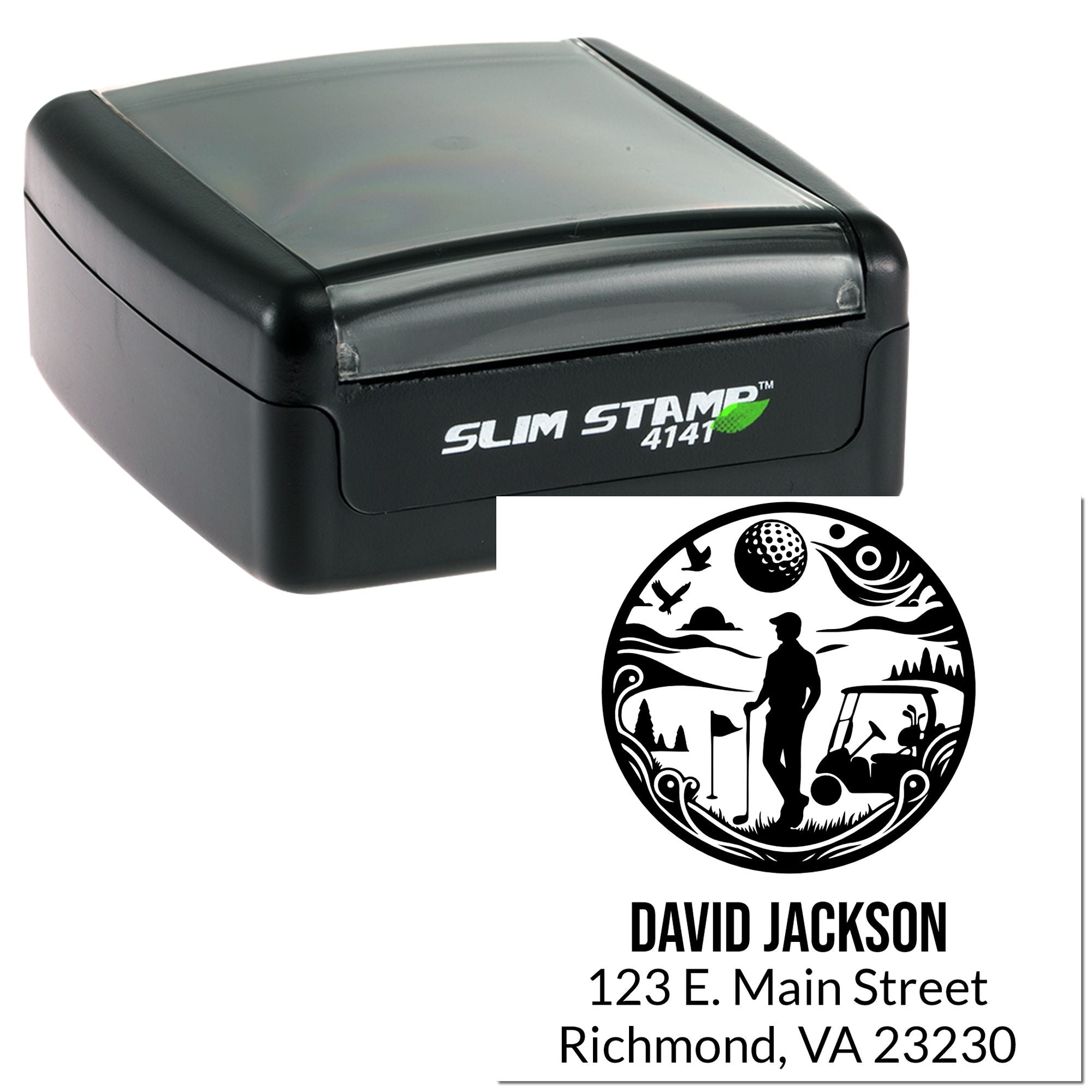 Custom self-inking golf return address rubber stamp, Slim Stamp 4141, for David Jackson in Richmond, VA.