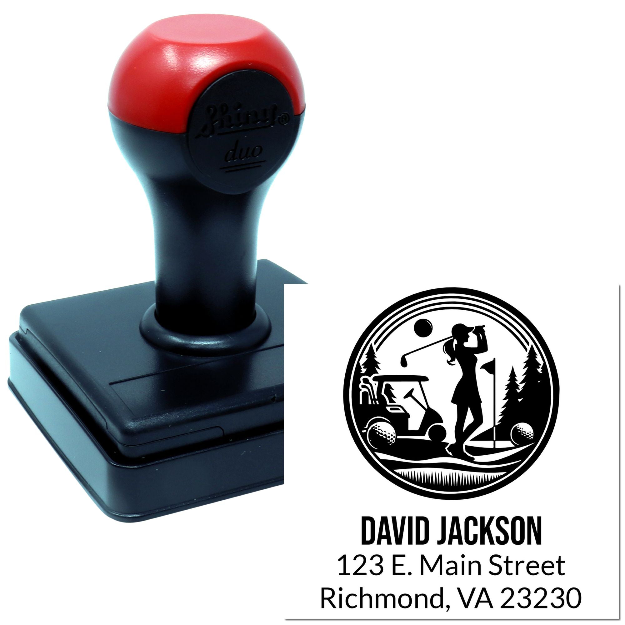Self-inking custom golf return address rubber stamp with golfer logo, name, and address.