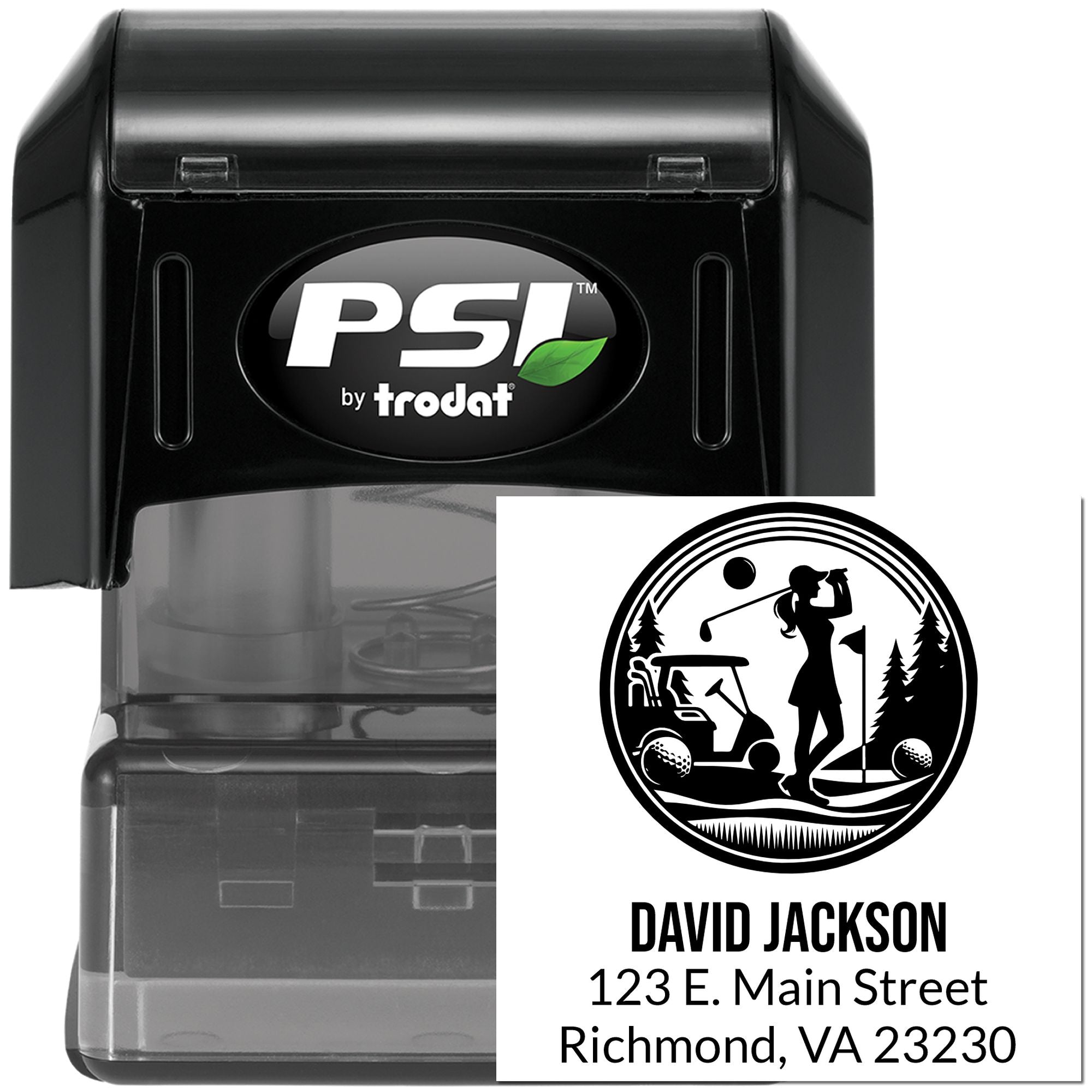 Custom self-inking rubber stamp with golf logo and personalized name and address by Trodat PSI.