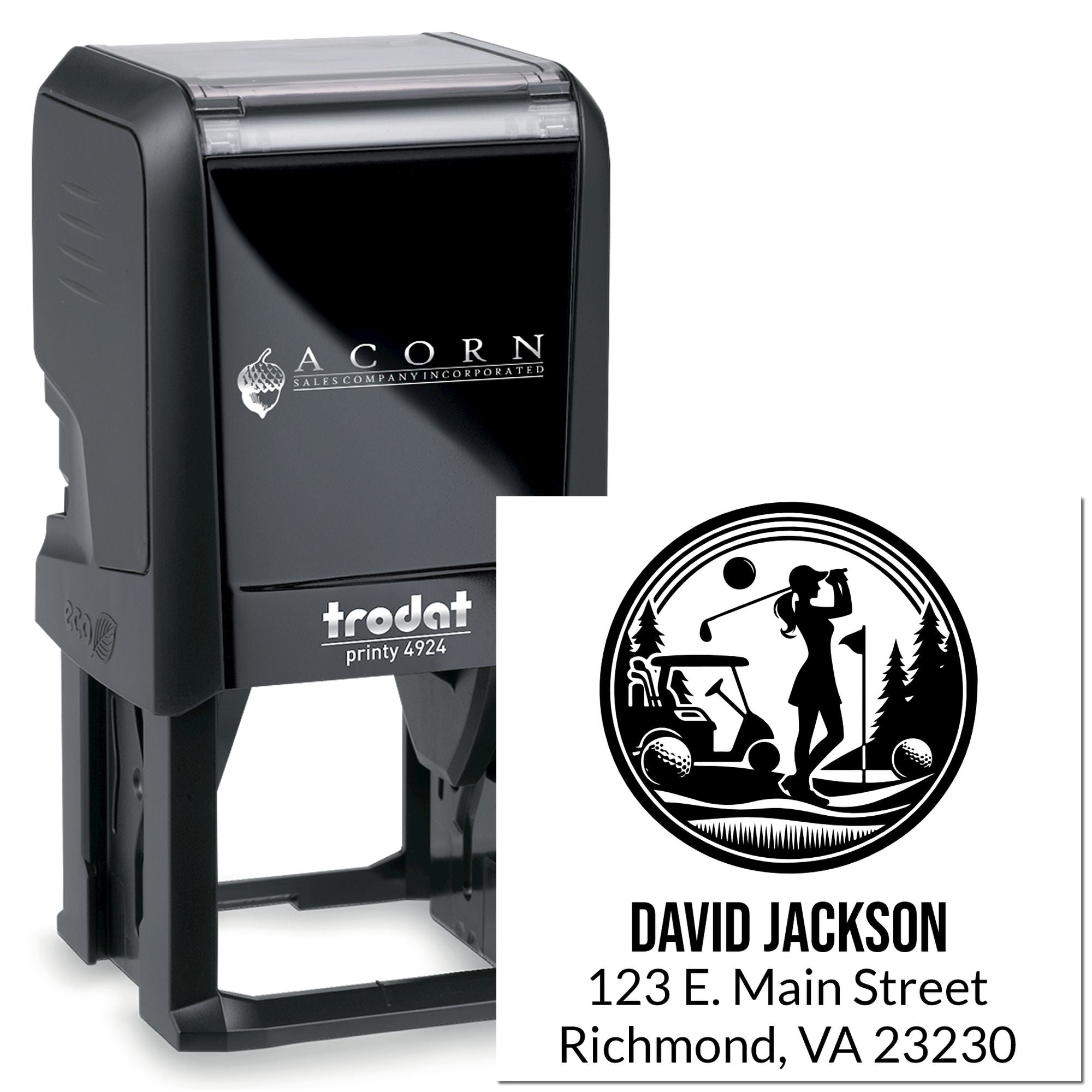 Custom self-inking rubber stamp with golf logo, name, and address, Trodat Printy 4924 for personalized branding.