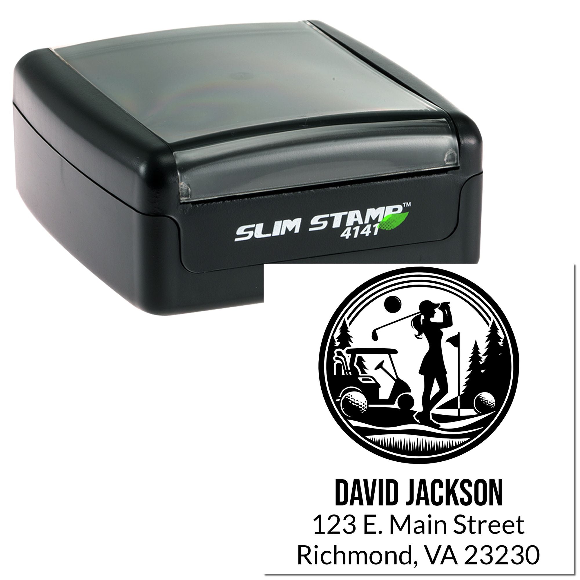 Slim self-inking custom golf address rubber stamp with David Jackson return address and Richmond, VA mailing details.