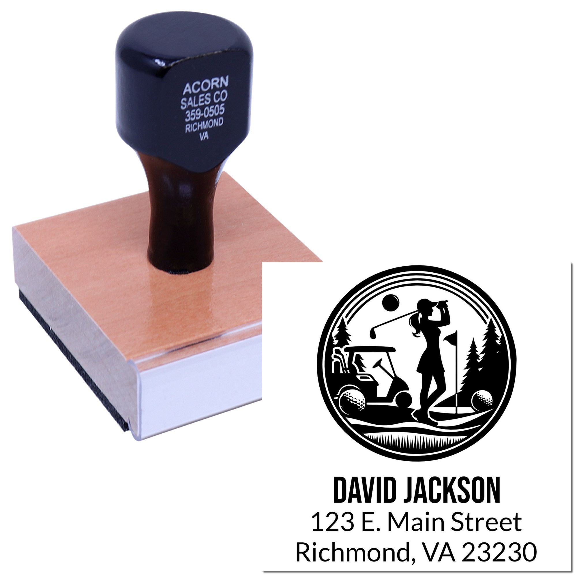 Personalized golf rubber stamp with custom name and address imprint for golf lovers, branding, or stationery.