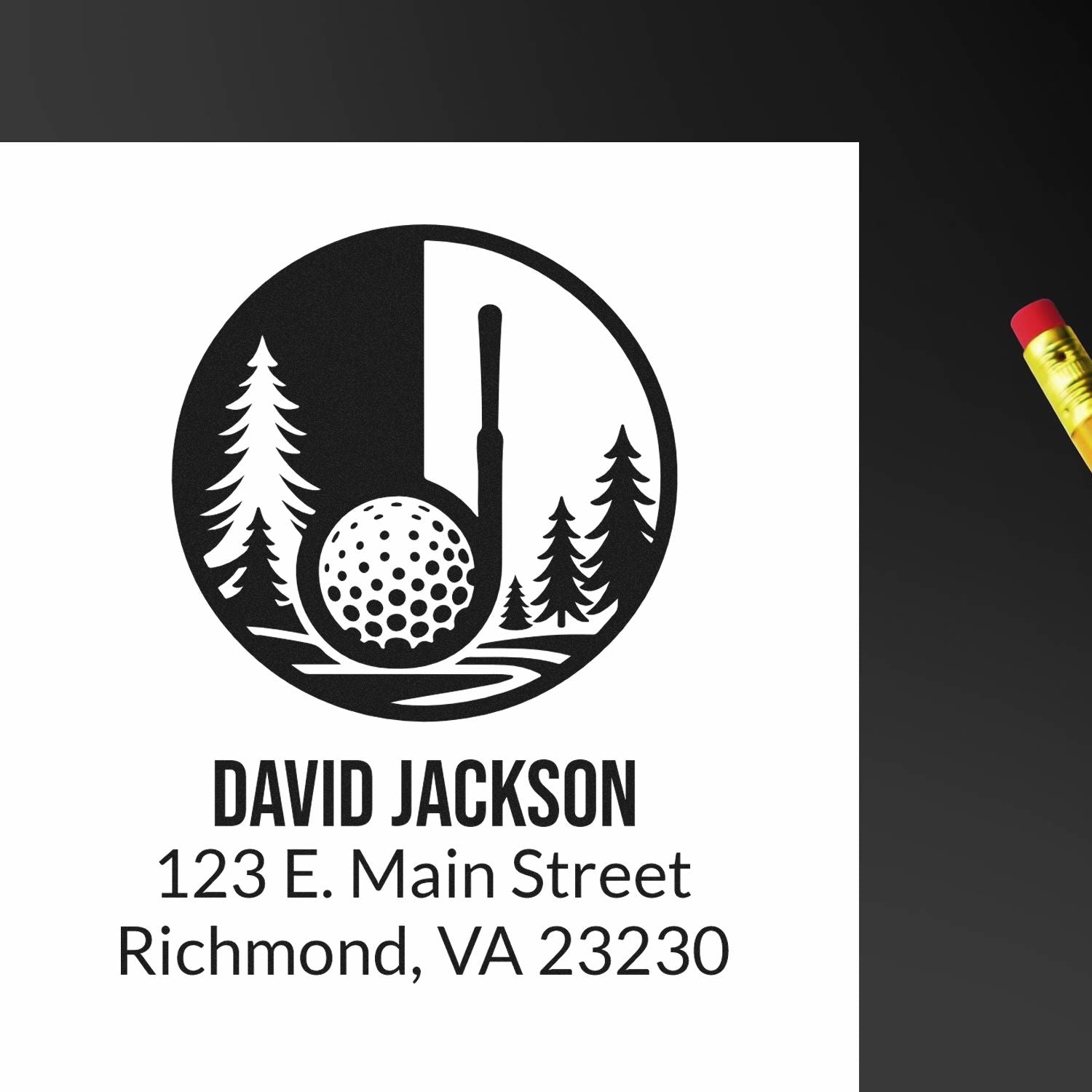 Custom golf rubber stamp with pine tree logo, David Jackson name, and Richmond, VA return address for correspondence.