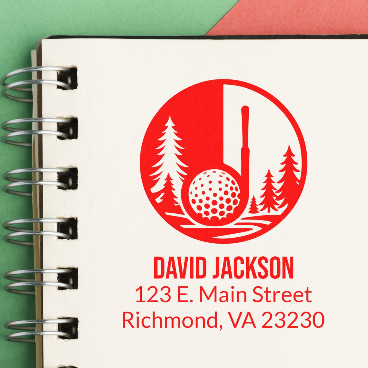 Custom golf rubber stamp with name and Richmond, VA address for David Jackson, ideal for personalized stationery.