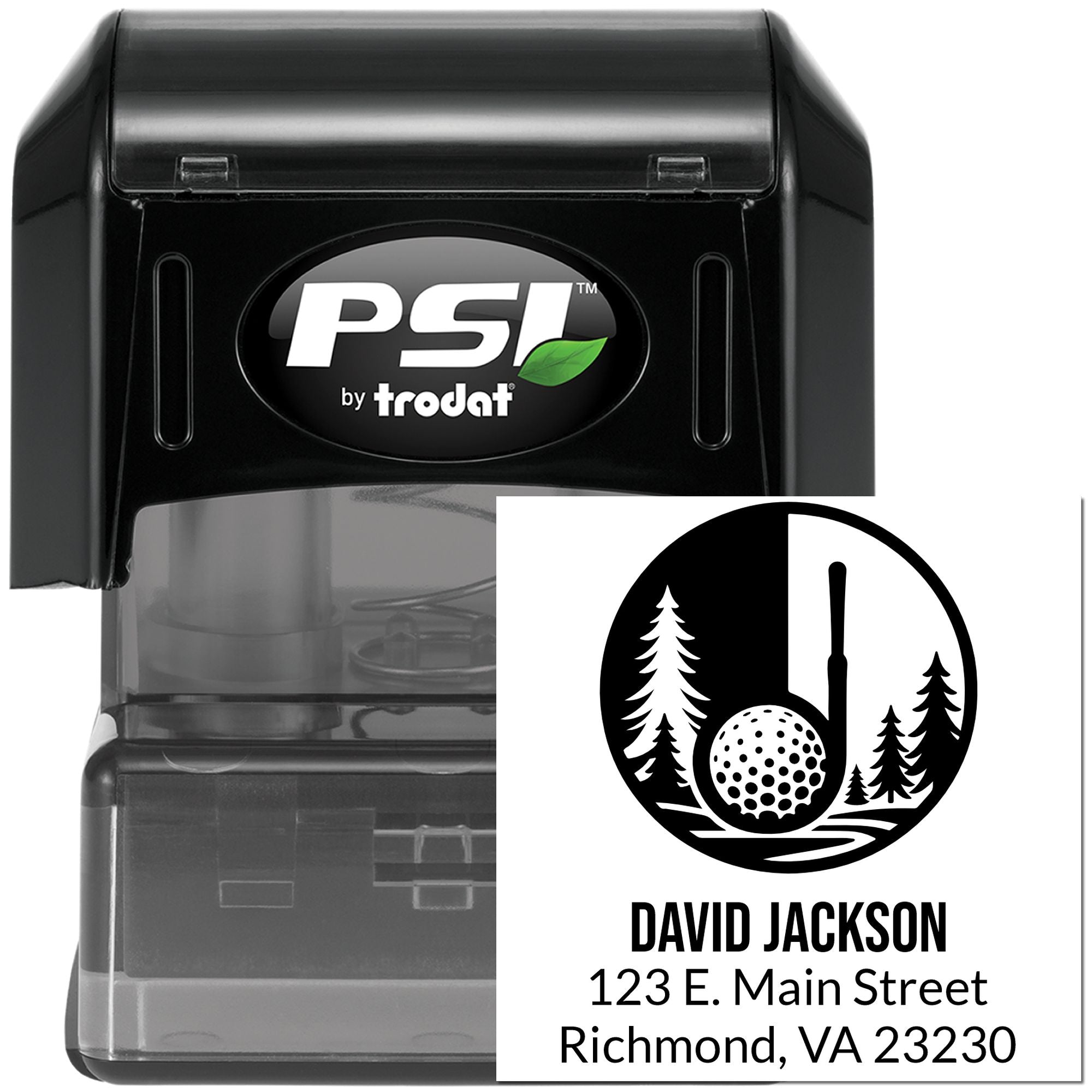 PSI by Trodat self-inking rubber stamp with custom golf logo, name, and address for personalized business or return mailing.
