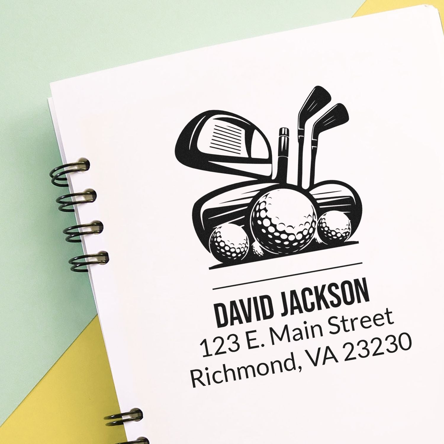 Custom golf rubber stamp with golf clubs, golf balls, and return address for David Jackson in Richmond, VA.