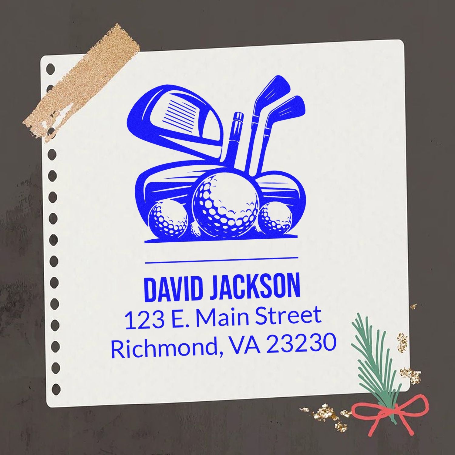 Personalized golf return address rubber stamp for David Jackson, 123 E. Main Street, Richmond VA 23230