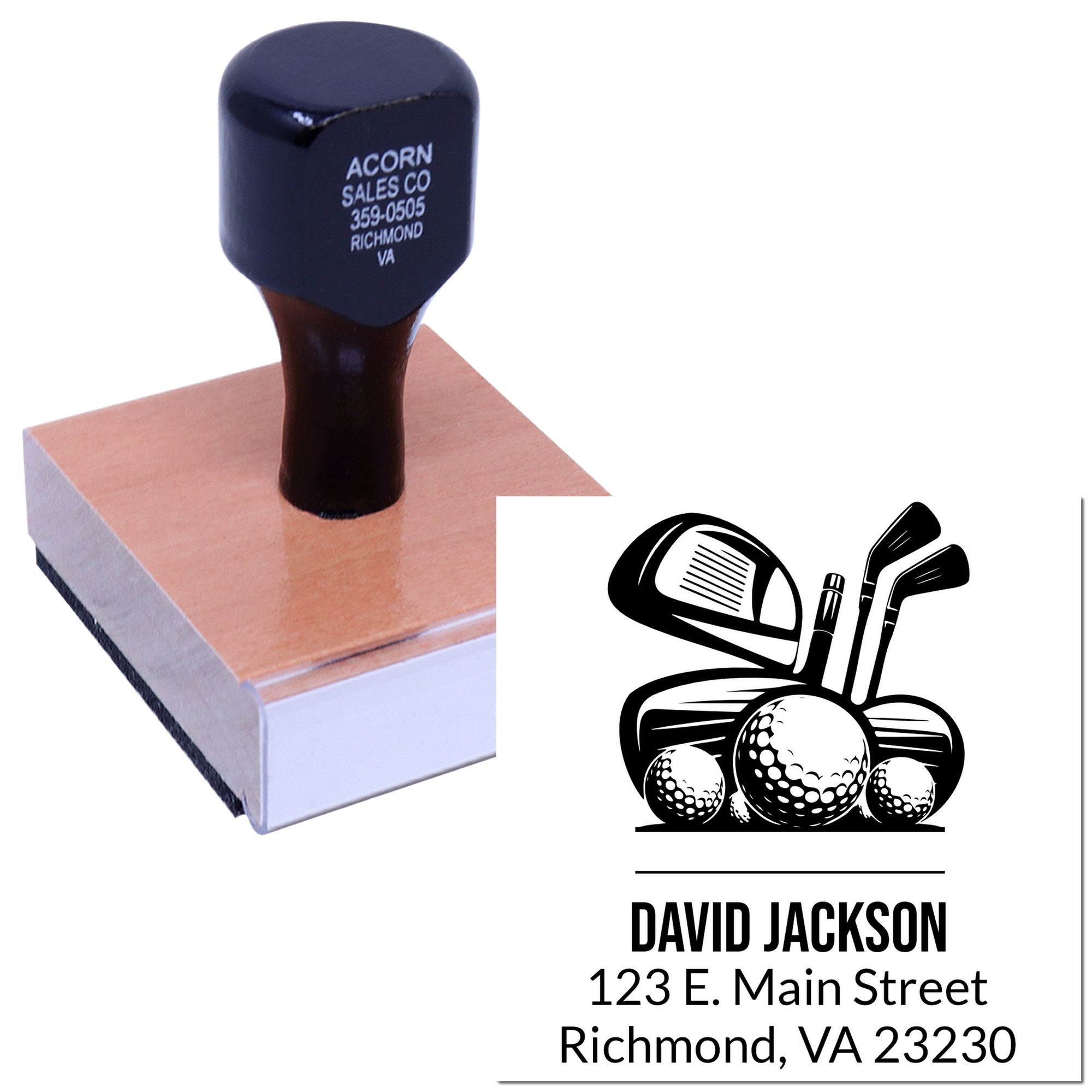 Personalized golf return address rubber stamp with name and address for custom mailing and invitations.