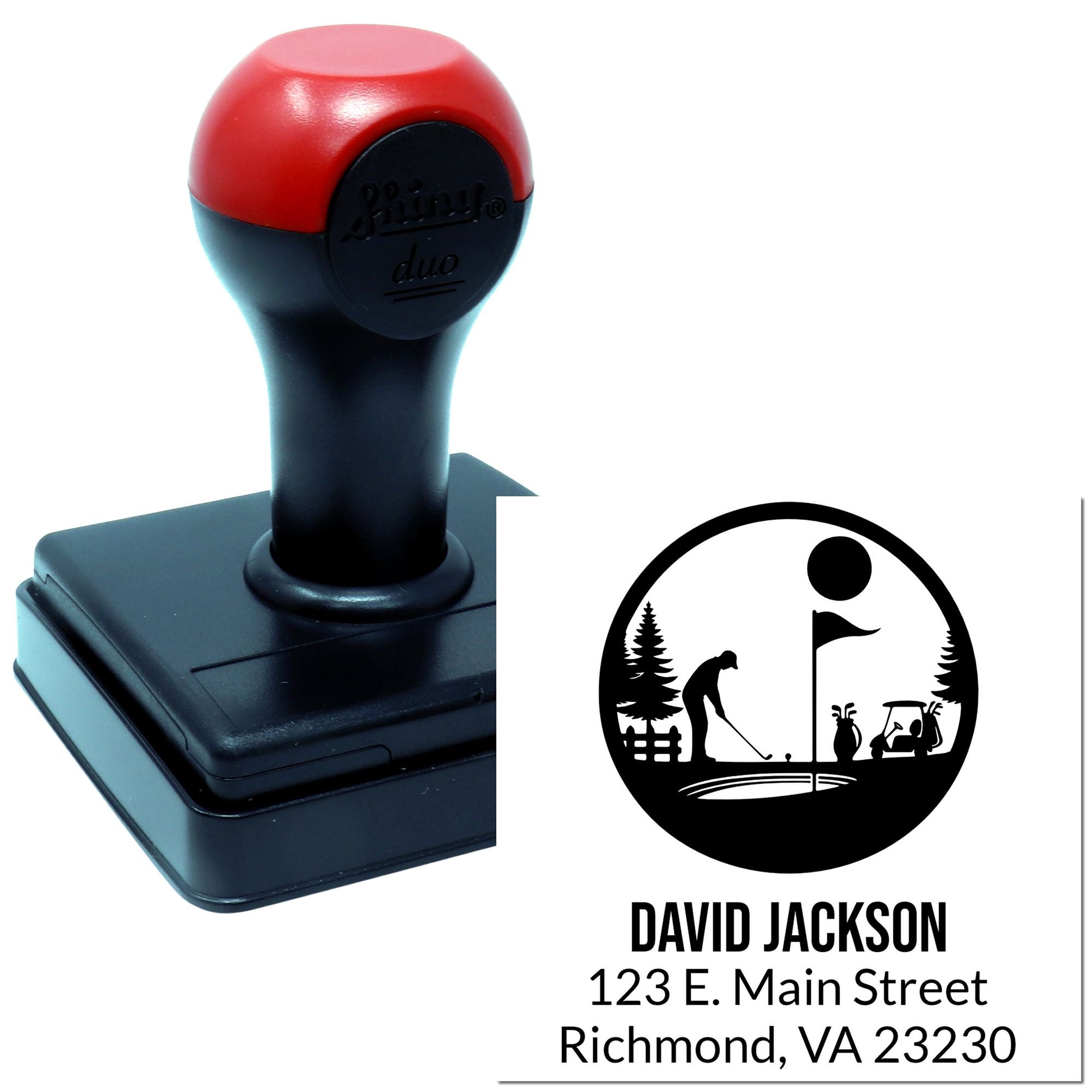 Custom self-inking rubber stamp with golf logo, name, and address for personalized mailing and business use.